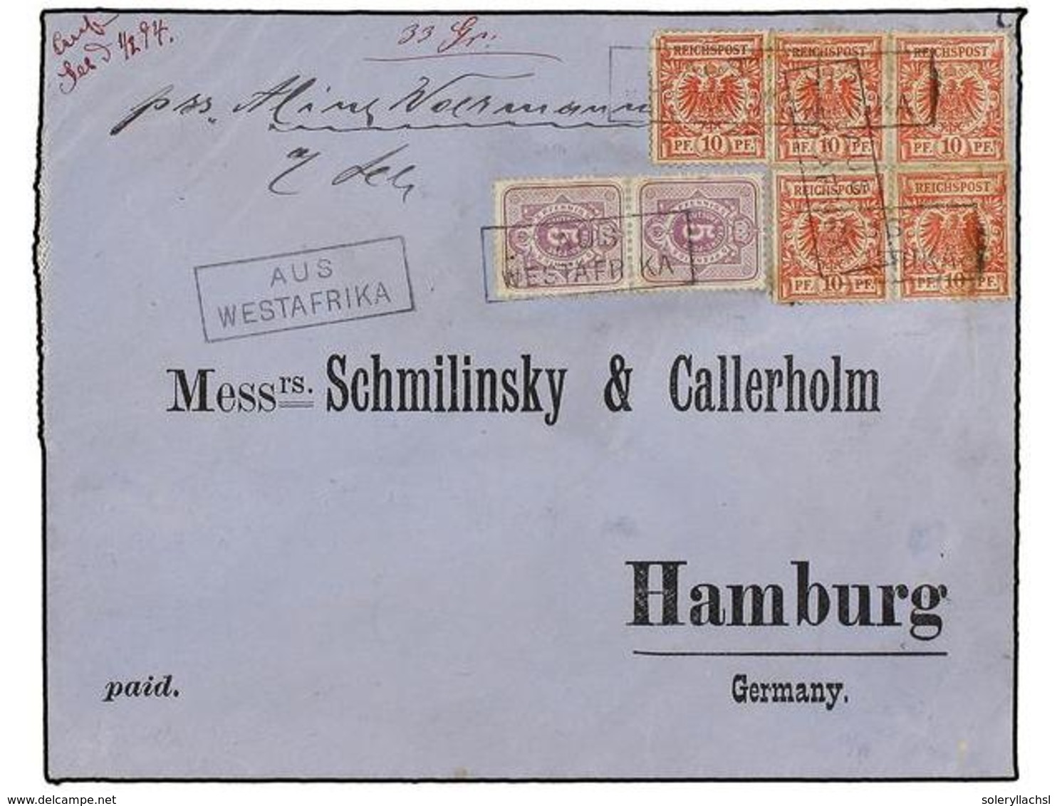 COSTA DE ORO. 1894 (1 Feb.). ACCRA To HAMBURG (Germany) Blue Linen-backed Envelope From ACCRA To HAMBURG, Germany, Marke - Other & Unclassified