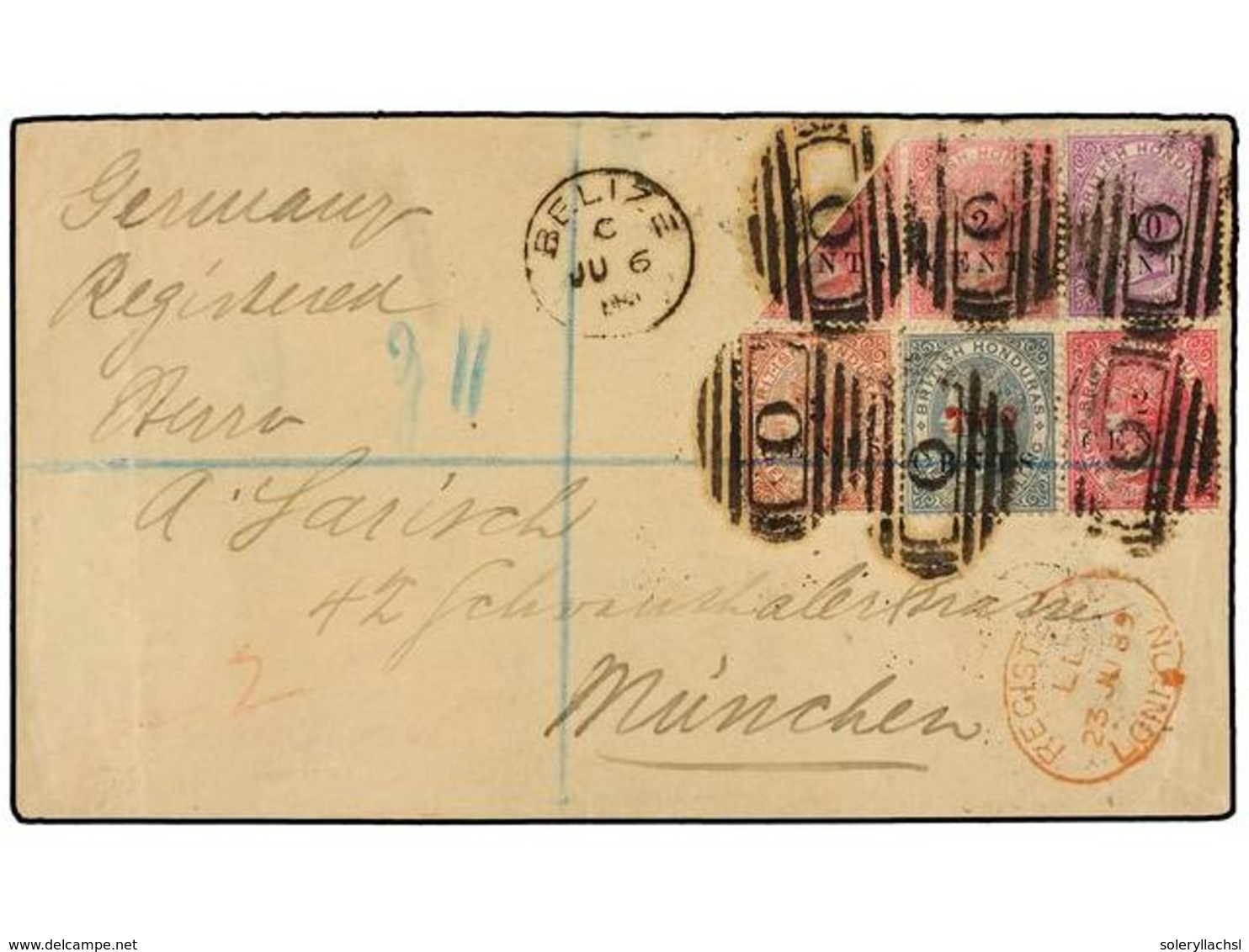 HONDURAS BRITANICA. Sg.27, 27a, 35, 37, 38, 40. 1889. BELIZE To MUNICH. 2 Cents On 1d. Rose And Red, 3 Cents On 3 D. Red - Sonstige & Ohne Zuordnung
