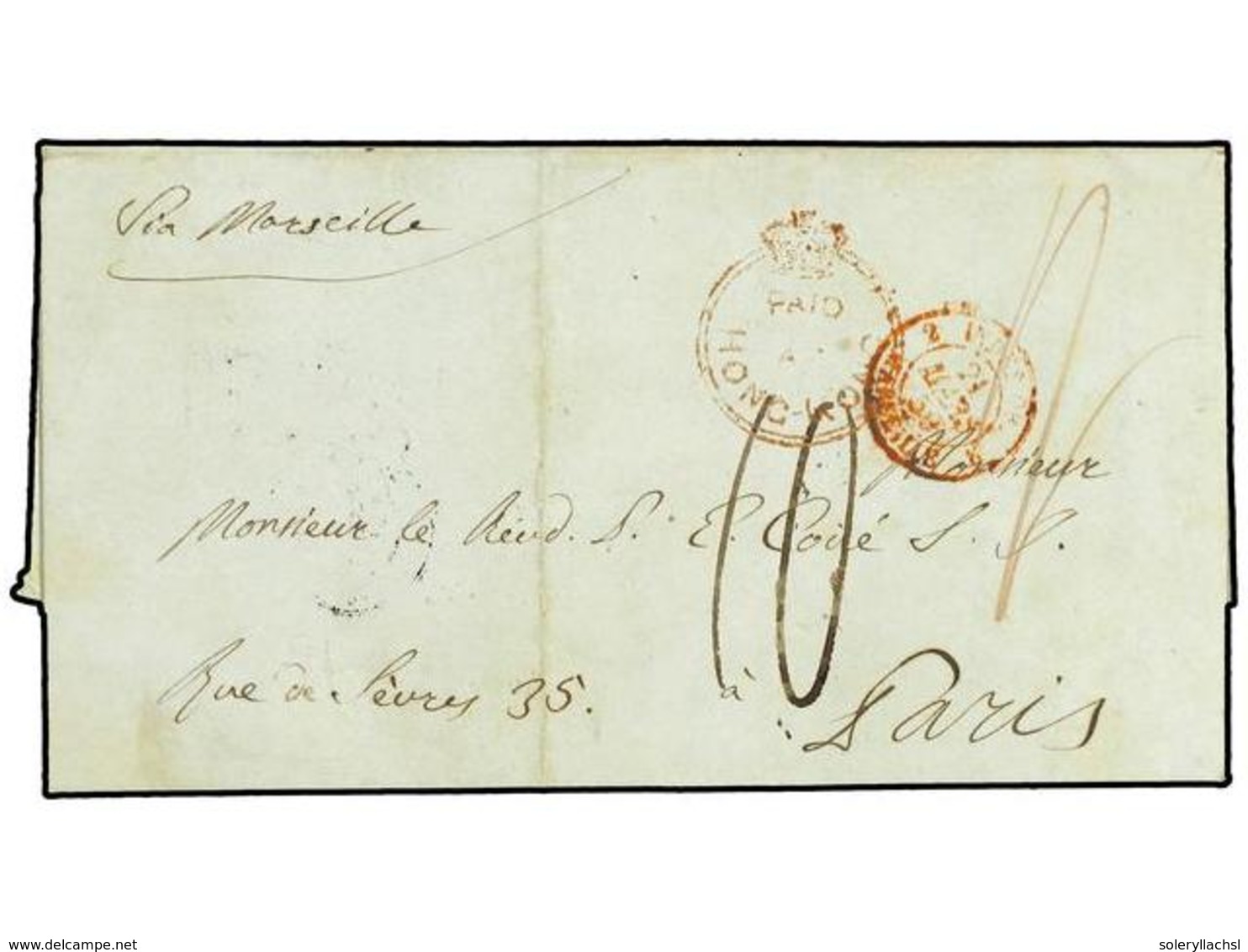 HONG KONG. 1850 (Jan 30). Entire Letter From HONG KONG To PARIS Via Marseille, Reverse With HONG KONG Cds In Black And O - Other & Unclassified