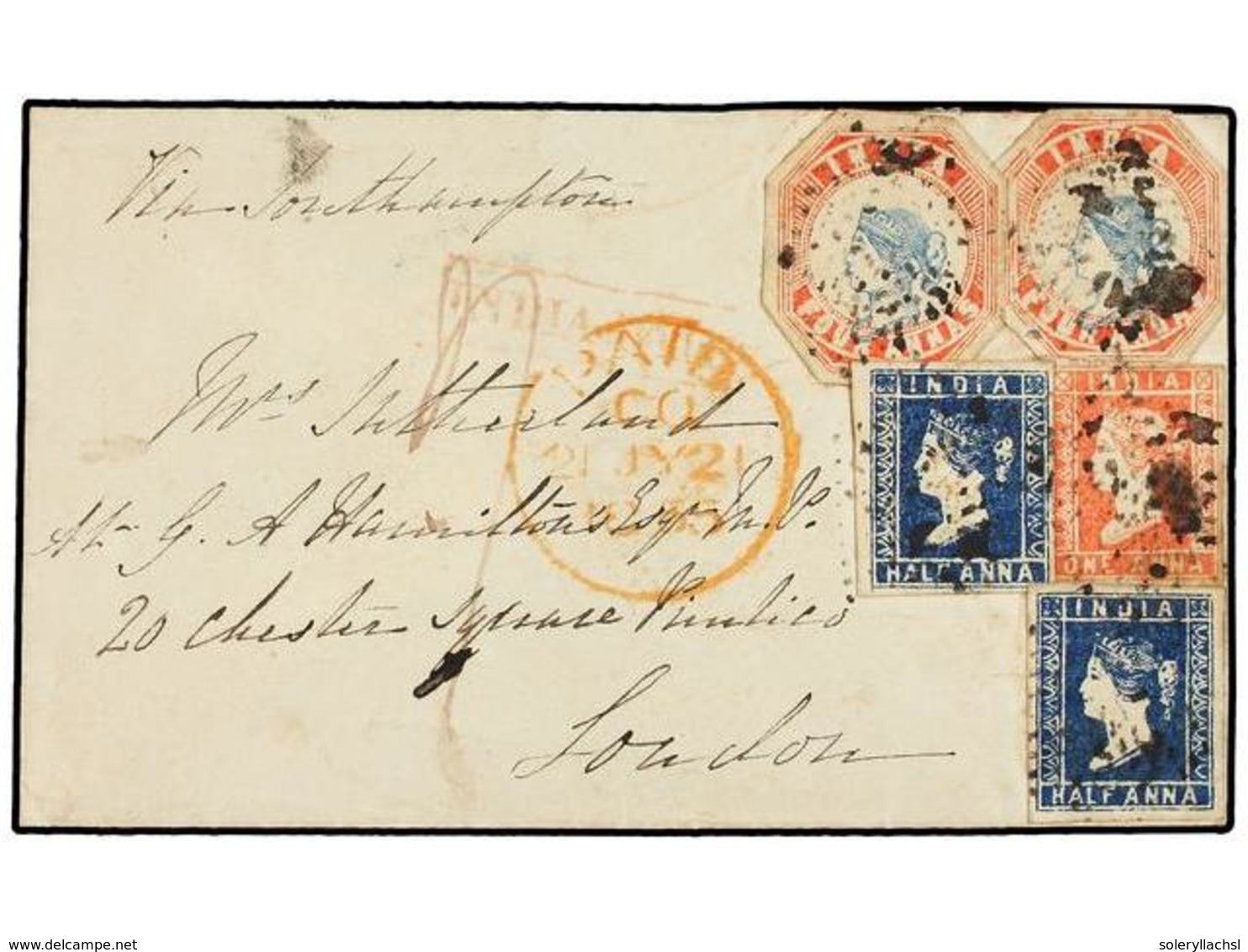 INDIA INGLESA. Sg.2 (2), 12, 19 (2). 1855. BOOLDANA To LONDON. Envelope Franked With Two 1/2 Anna Blue, 1 Anna Red And T - Autres & Non Classés