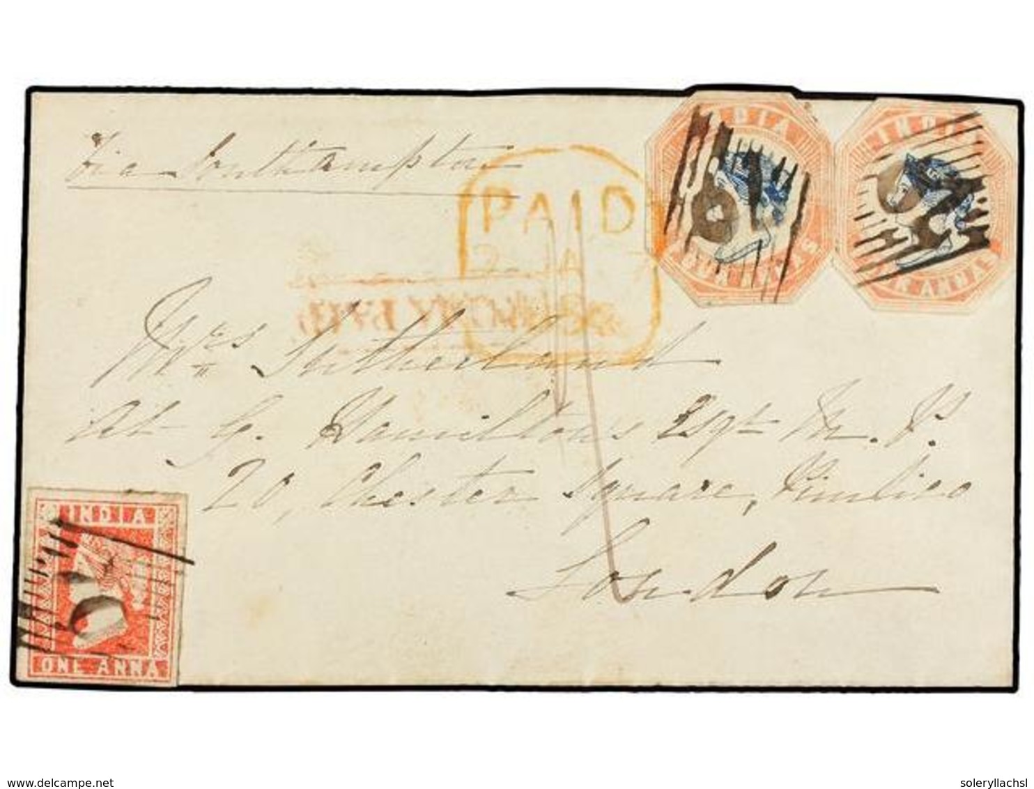 INDIA INGLESA. Sg.11, 18 (2). 1855. BOOLDANA To LONDON. Envelope Franked With 1 Anna Red And Two 4 Annas Red And Blue St - Sonstige & Ohne Zuordnung