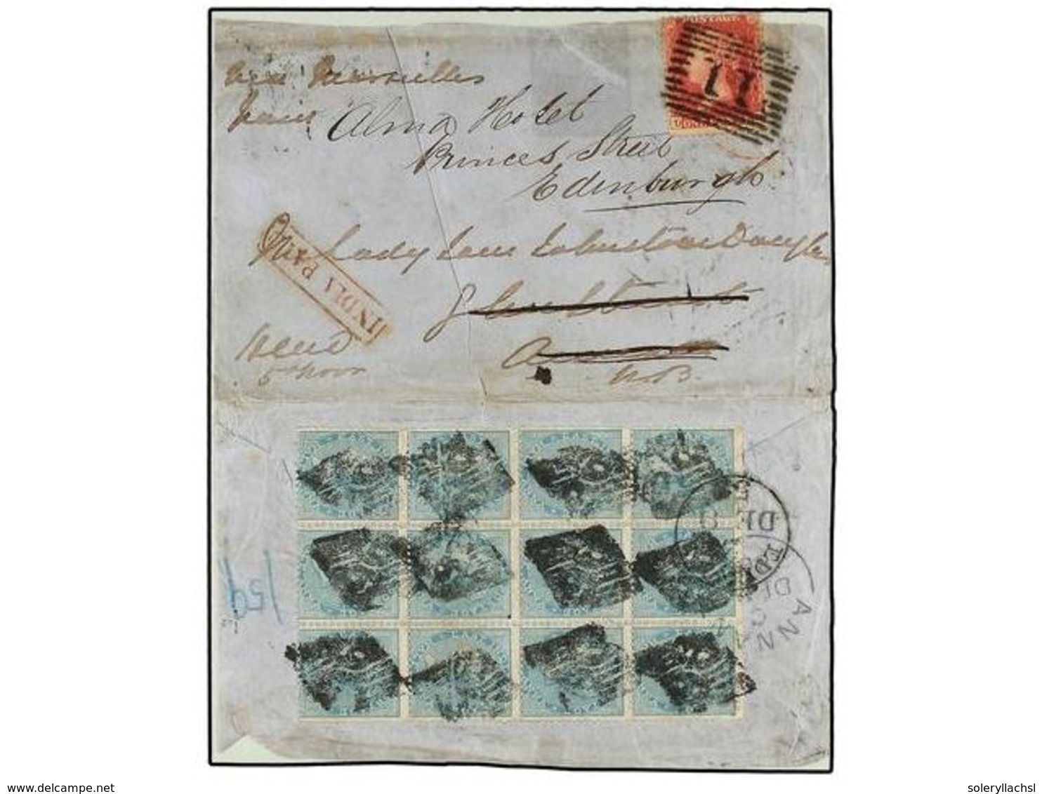 INDIA. 1857. HYDERABAD To ANNAN (Scotland). An Open Out Envelope Franked With Block Of Twelve Of 1/2 Anna Blue Tied By N - Other & Unclassified