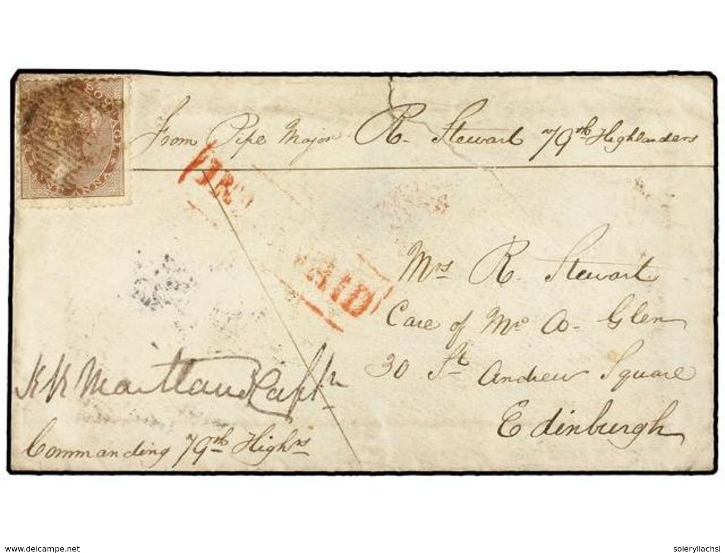 INDIA INGLESA. 1858 (Oct.). CAWNPORE (Kampur) To SCOTLAND. Military Envelope Franked With One Anna Stamp From The '79rh  - Sonstige & Ohne Zuordnung