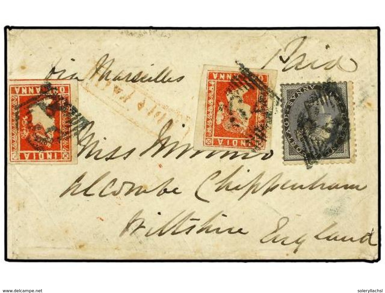 INDIA. Sg.15,45. 1859 (July 28). Small Envelope To CHIPPENHAM (UK) Franked By 1850 1a. Carmine  (2, Both With Four Margi - Autres & Non Classés