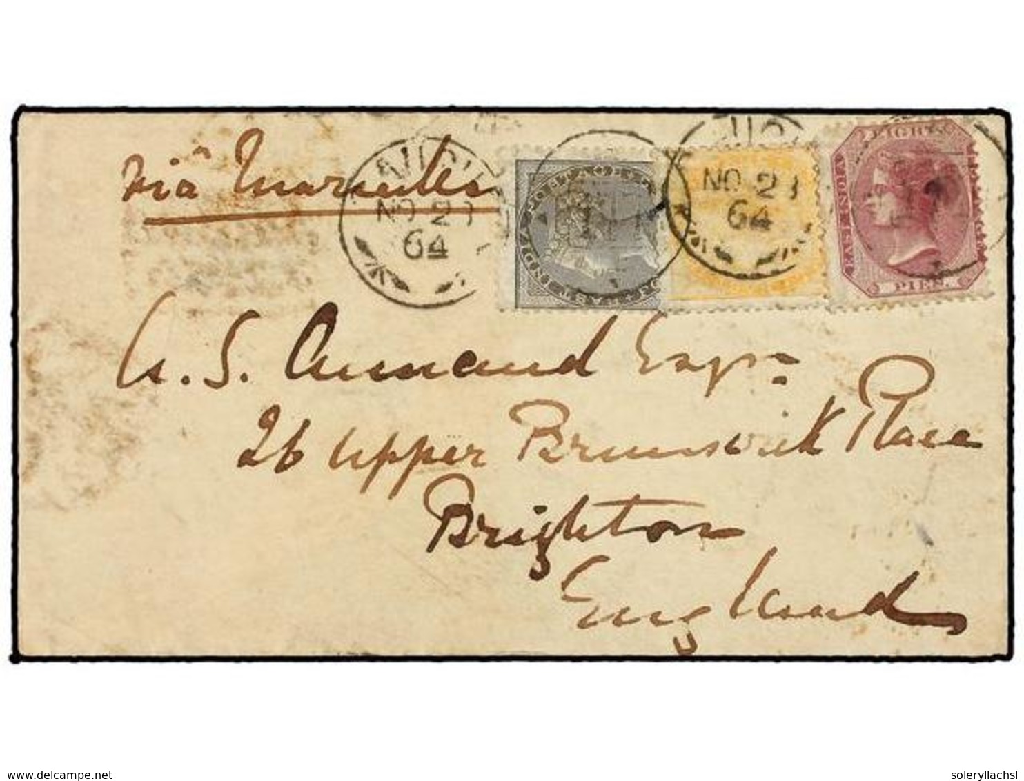 INDIA INGLESA. 1864. CALLIAM To ENGLAND. Envelope Franked With 2 Annas Yellow, 4 Annas Grey And 8 Pies Purple Stamps Tie - Sonstige & Ohne Zuordnung