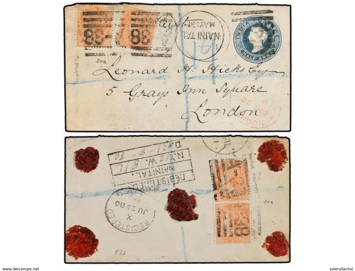 INDIA. 1880. NAINITAL To LONDON. 1/2 Anna Blue Postal Stationary Envelope Uprated With Four 2 Annas Orange Stamps (two O - Other & Unclassified