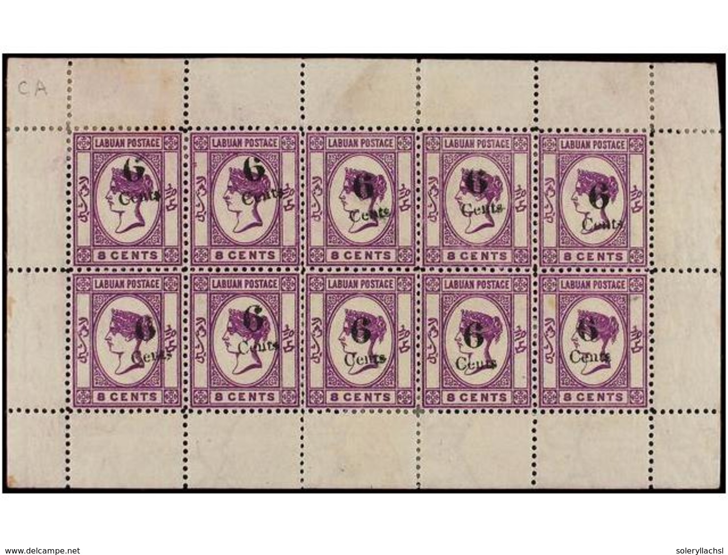 **/* LABUAN. Sg.34. 1891-92. 6 Cents. On 8 Cents. Deep Violet, Sheet Of Ten. Light Toned Gum And Minor Surface Age Stain - Other & Unclassified