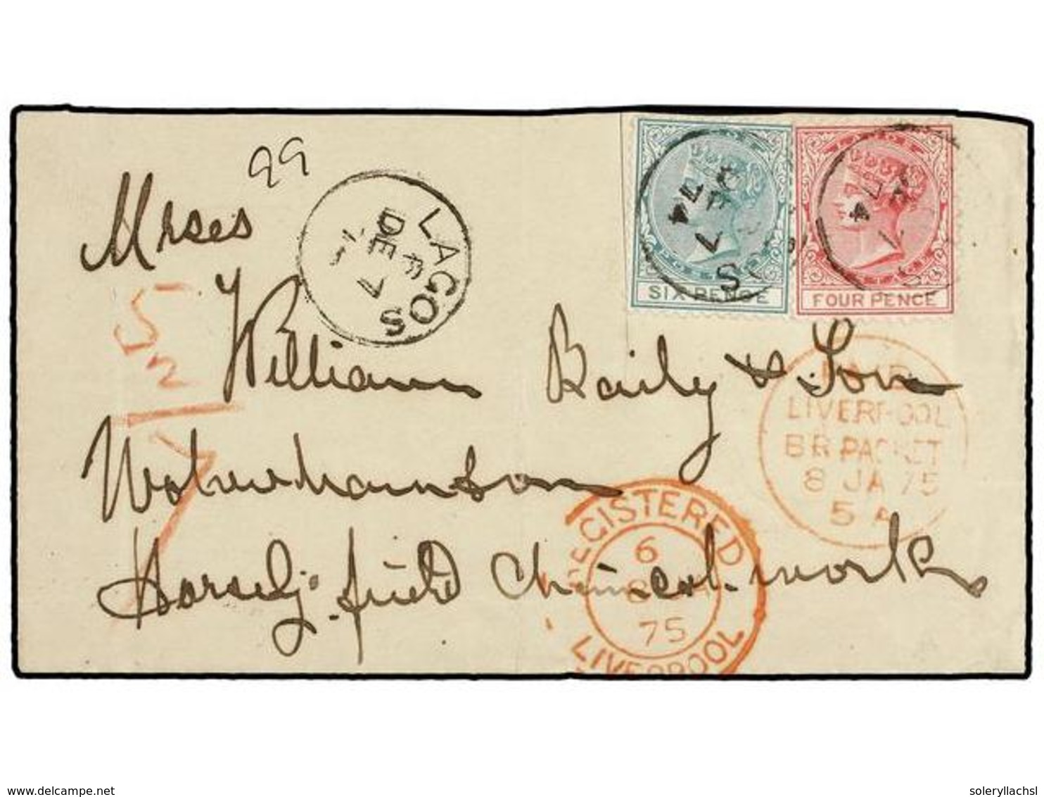 LAGOS. 1874 (7-Dec.). Envelope Ex De 'BAILEY' Correspondence Registered To WOLVERHAMPTON, Bearing 4 D. Carmine And 6 D.  - Otros & Sin Clasificación