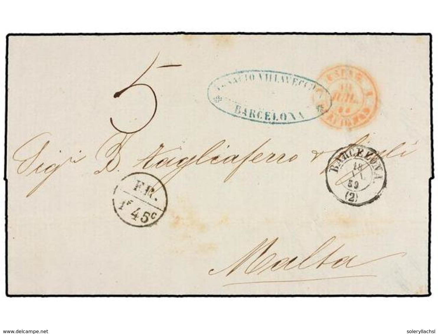 MALTA. 1859. BARCELONA A MALTA. Circulada Vía Francia, Marca De Intercambio FR/1F 45c. No Reseñada. MUY RARA. - Autres & Non Classés