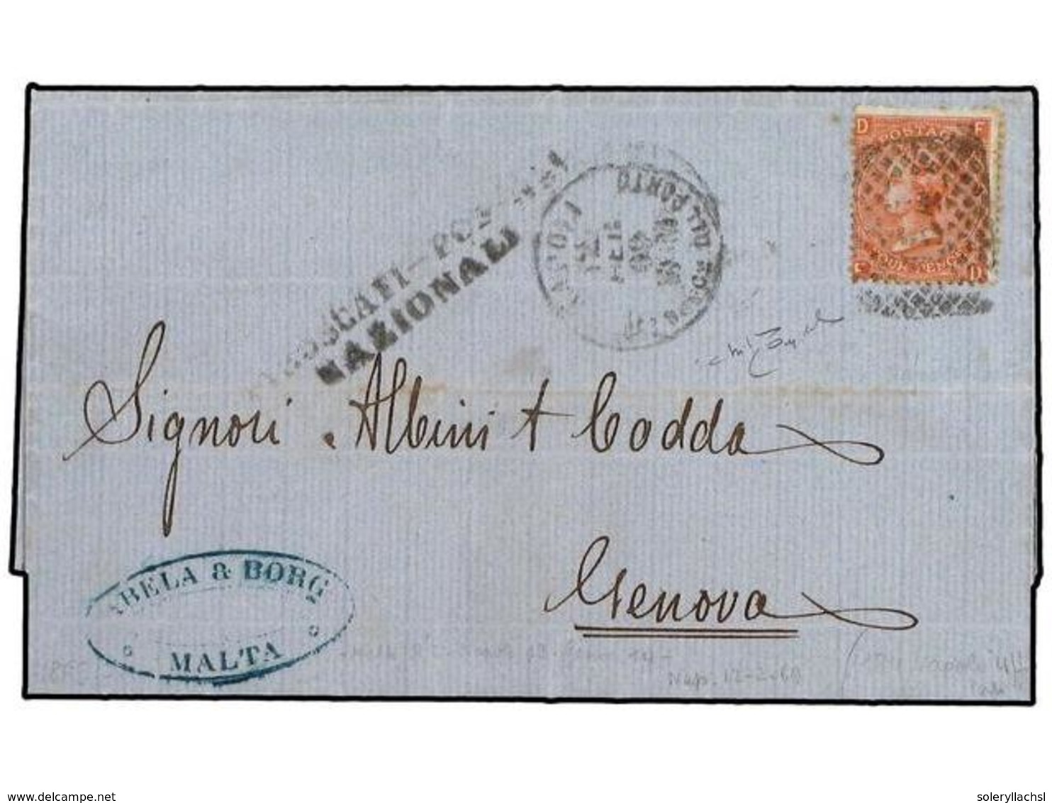 MALTA. 1869 (Feb 8). Entire Letter To GENOA From MALTA Franked By GB 4 D. Vermilion Pl. 10. Tied On Arrival In Naples Po - Other & Unclassified