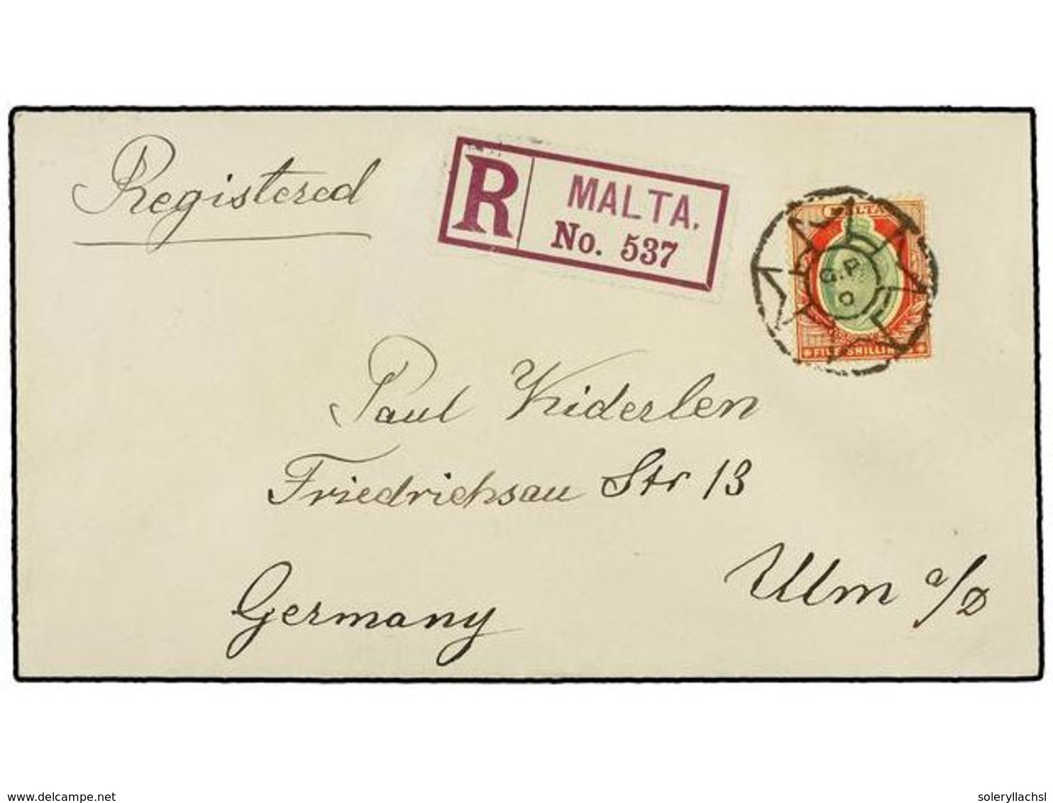 MALTA. Sg.63. 1912. MALTA To GERMANY. 5 Sh. Red And Green On Yellow On Registered Cover, Arrival On Reverse. - Other & Unclassified