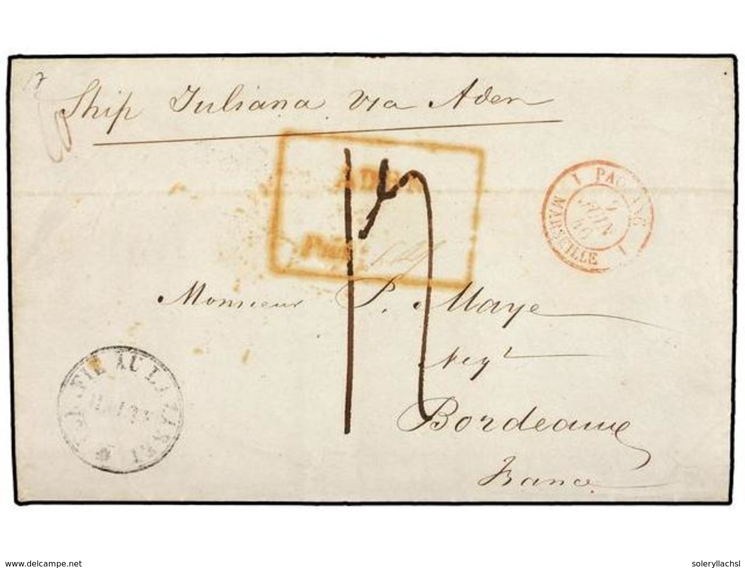 MAURICIO. 1846. MAURICE A FRANCIA. Carta Completa Circulada 'Ship Juliana Via Aden'. Al Dorso Fechador MAURITIUS/POST OF - Autres & Non Classés