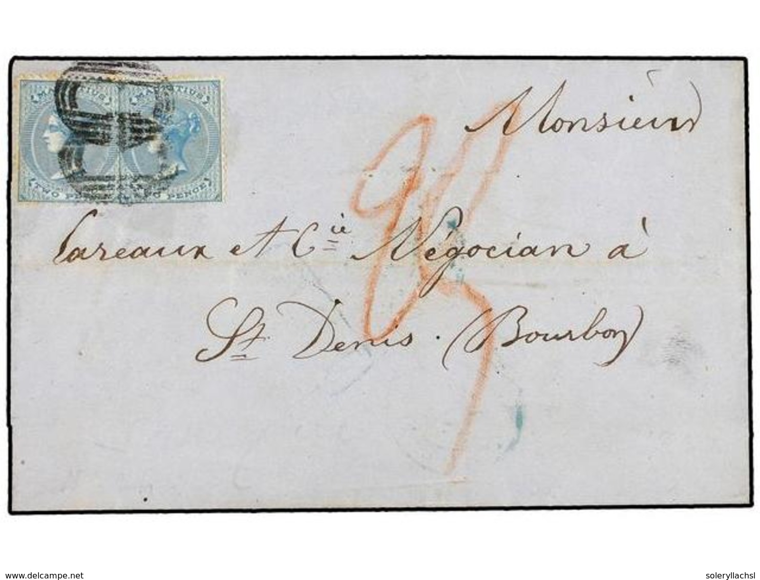 MAURICIO. Sg.47 (2). 1860. PORT LOUIS To ST. DENIS (Reunion). 2 D. Blue (2), Unusual Interisland Mail. - Autres & Non Classés