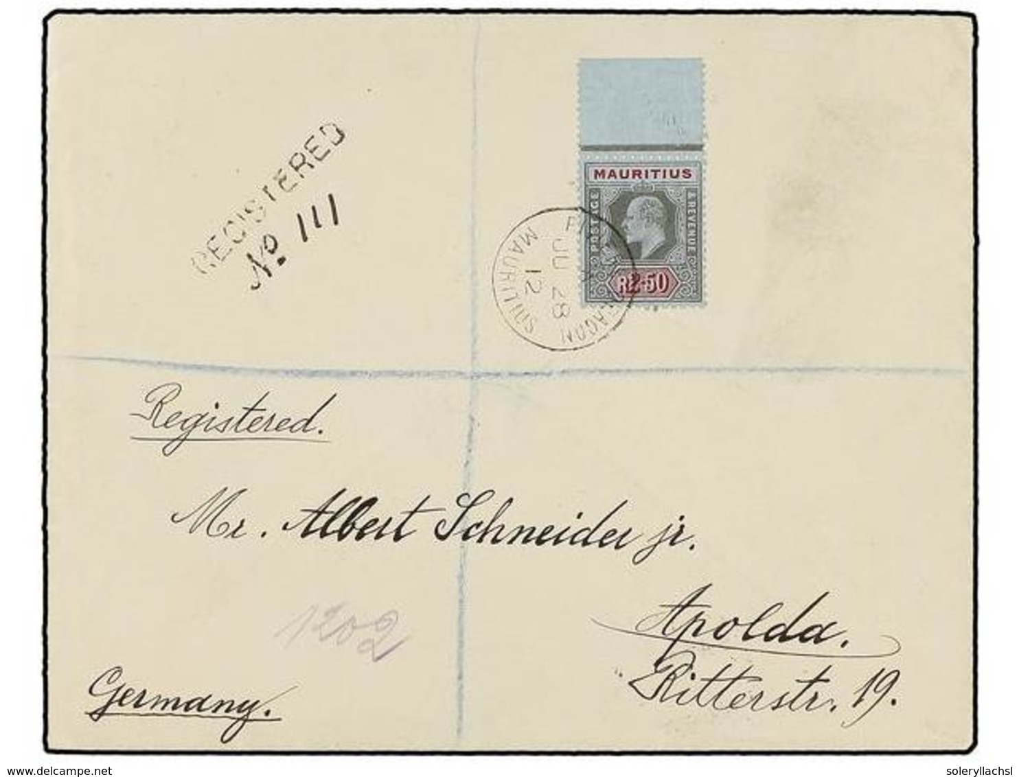 MAURICIO. Sg.193. 1912. RIVER DRAGON To GERMANY. 2,50 R. Grey And Red On Blue, On Registered Cover, Arrival On Reverse. - Autres & Non Classés