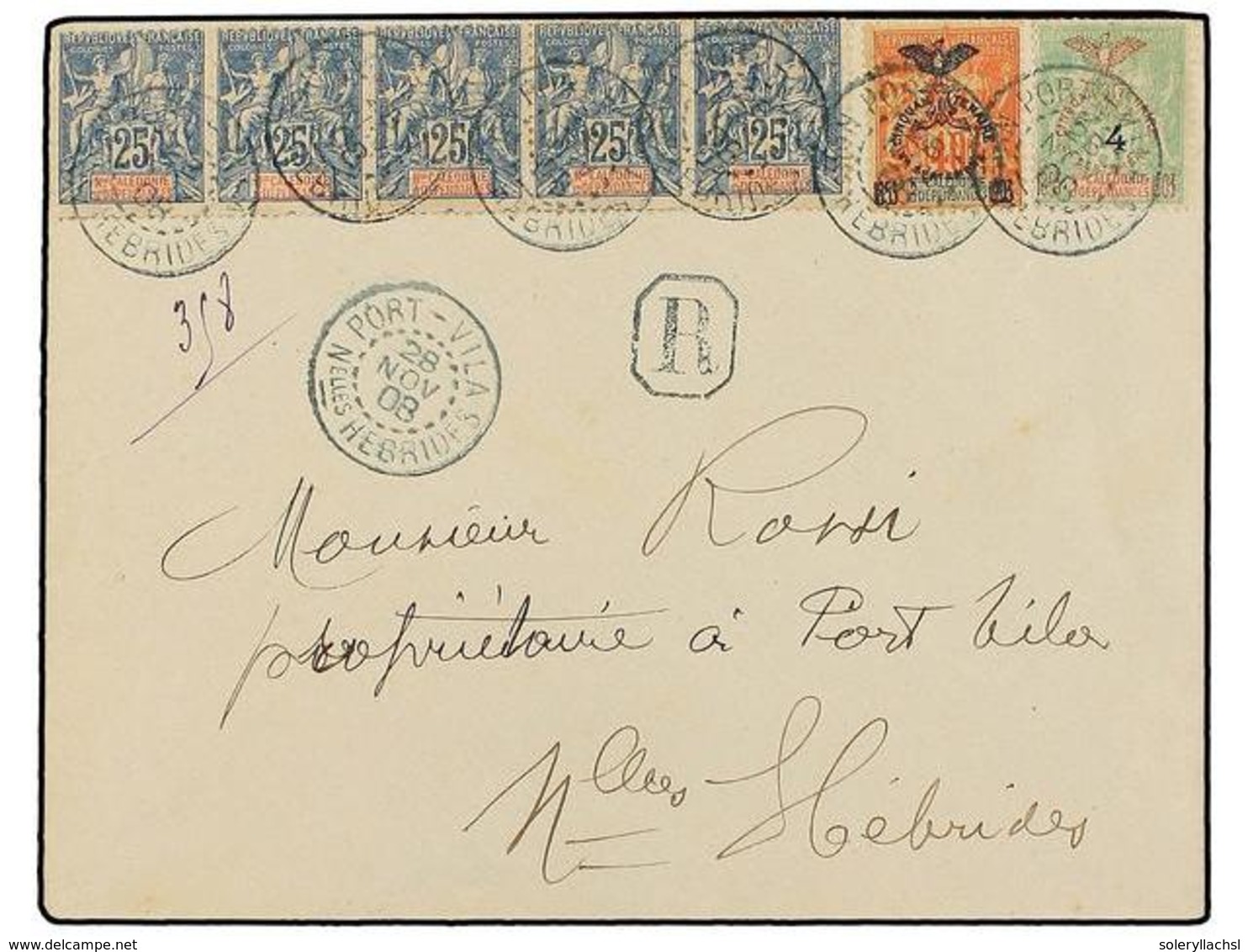 NUEVAS HEBRIDAS. Yv.48 (5), 77, 84. 1908. PORT VILA To NEW HEBRIDES. 25 Cts. Blue (5), 40 Cts. Orange, 4 On 5 Cts. Green - Autres & Non Classés