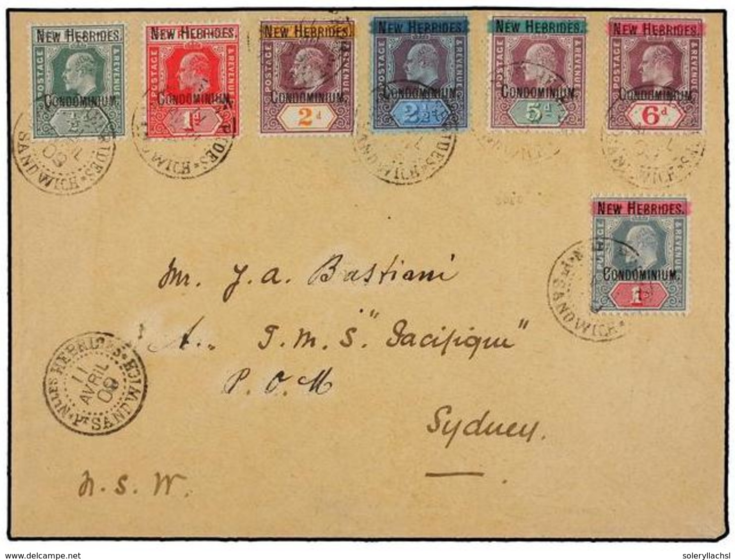 NUEVAS HEBRIDAS. Sg.1/2, 5/9. 1909. PORT SANDWICH To SYDNEY. Nice Frankings Including The Rare 1 Sh. Green Wm. Single Cr - Sonstige & Ohne Zuordnung