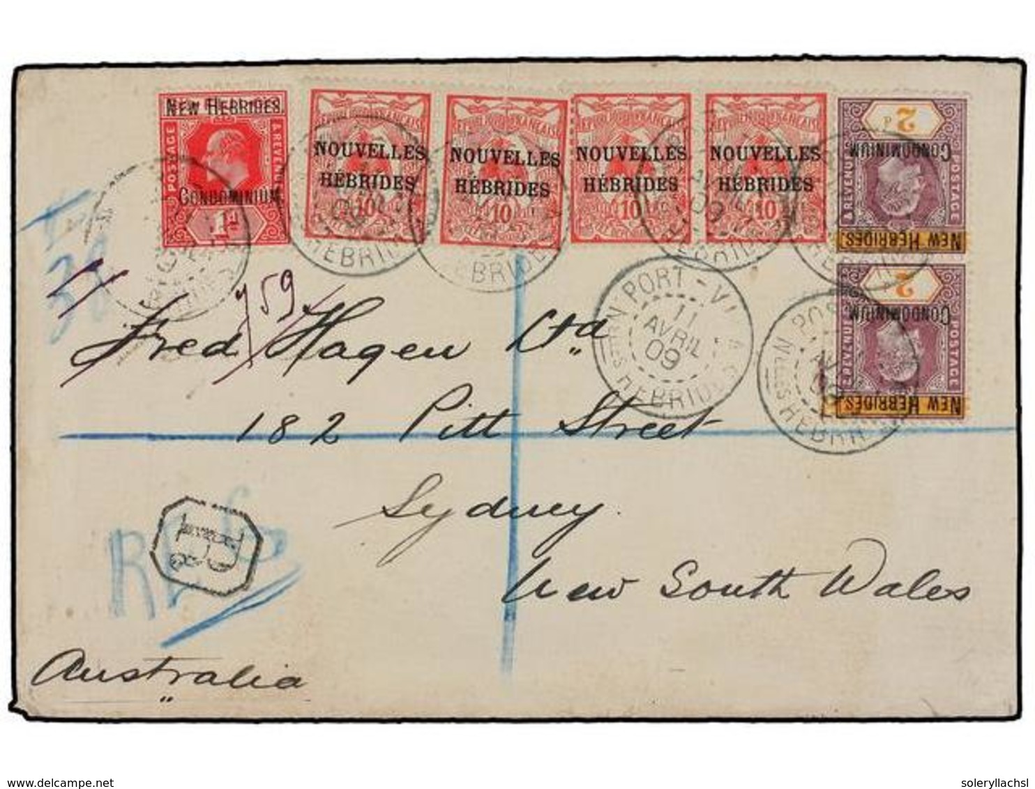 NUEVAS HEBRIDAS. 1909. PORT VILA To AUSTRALIA. Mixed Franking French And British New Hebrides Stamps. Arrival On Reverse - Other & Unclassified