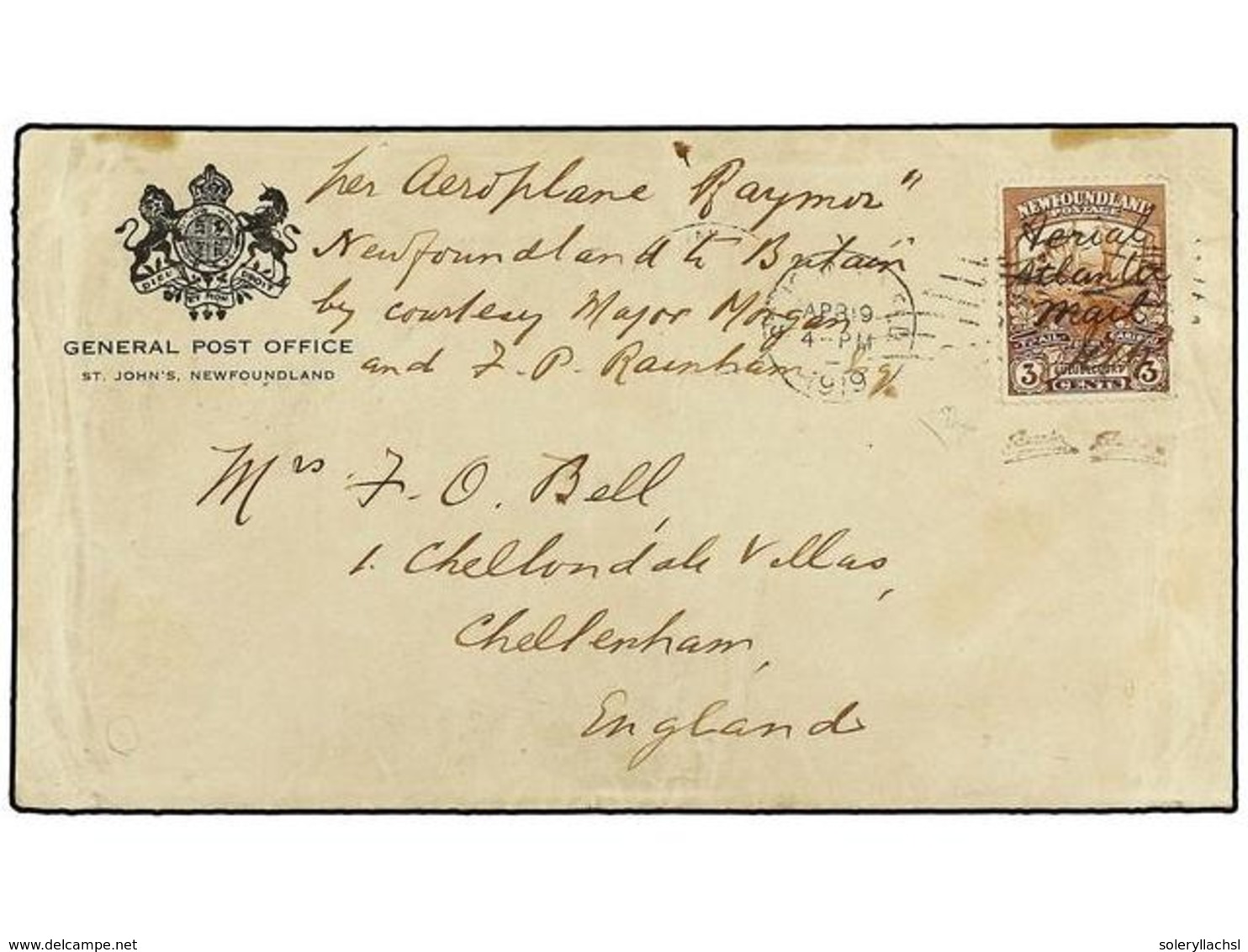 NEWFOUNDLAND. Sc.142a. 1919 (19 Abril). S. JOHNS A INGLATERRA. 3 Cts. Castaño Con Habilitación A Mano AERIAL ATLANTIC MA - Otros & Sin Clasificación