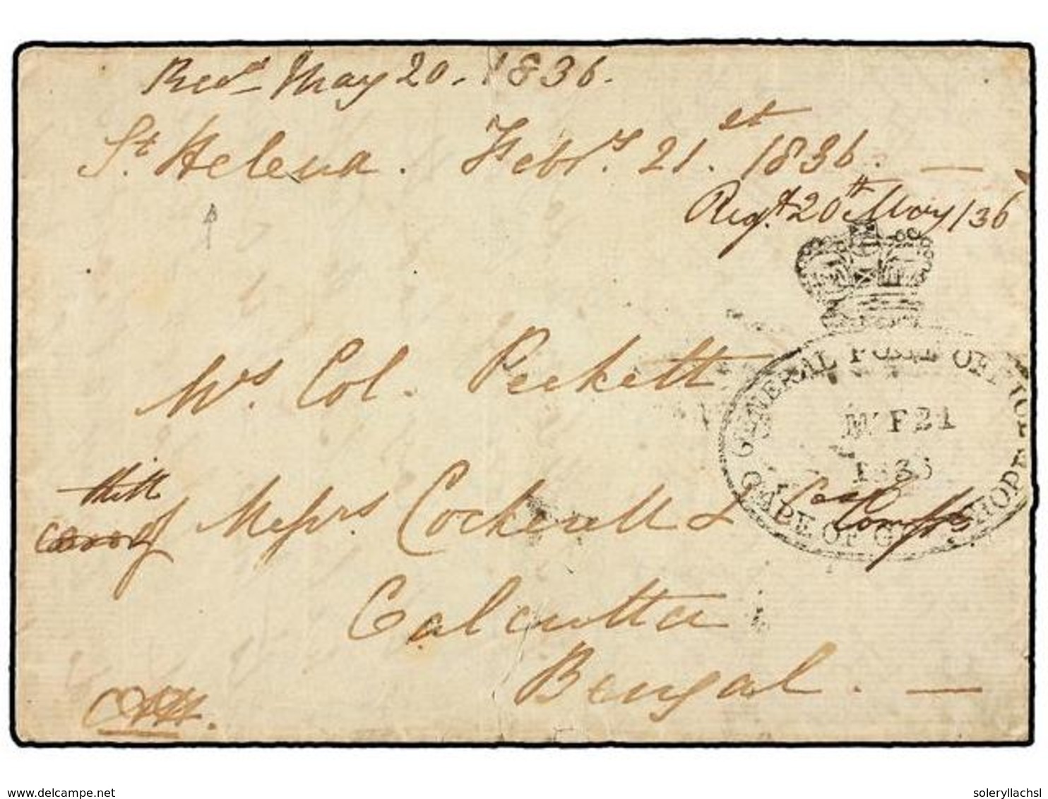 SANTA HELENA. 1836. ST. HELENA To CALCUTA. Entiere Letter Writen On Bord A Ship Calling At St. Helena. Date Line 'St. He - Sonstige & Ohne Zuordnung