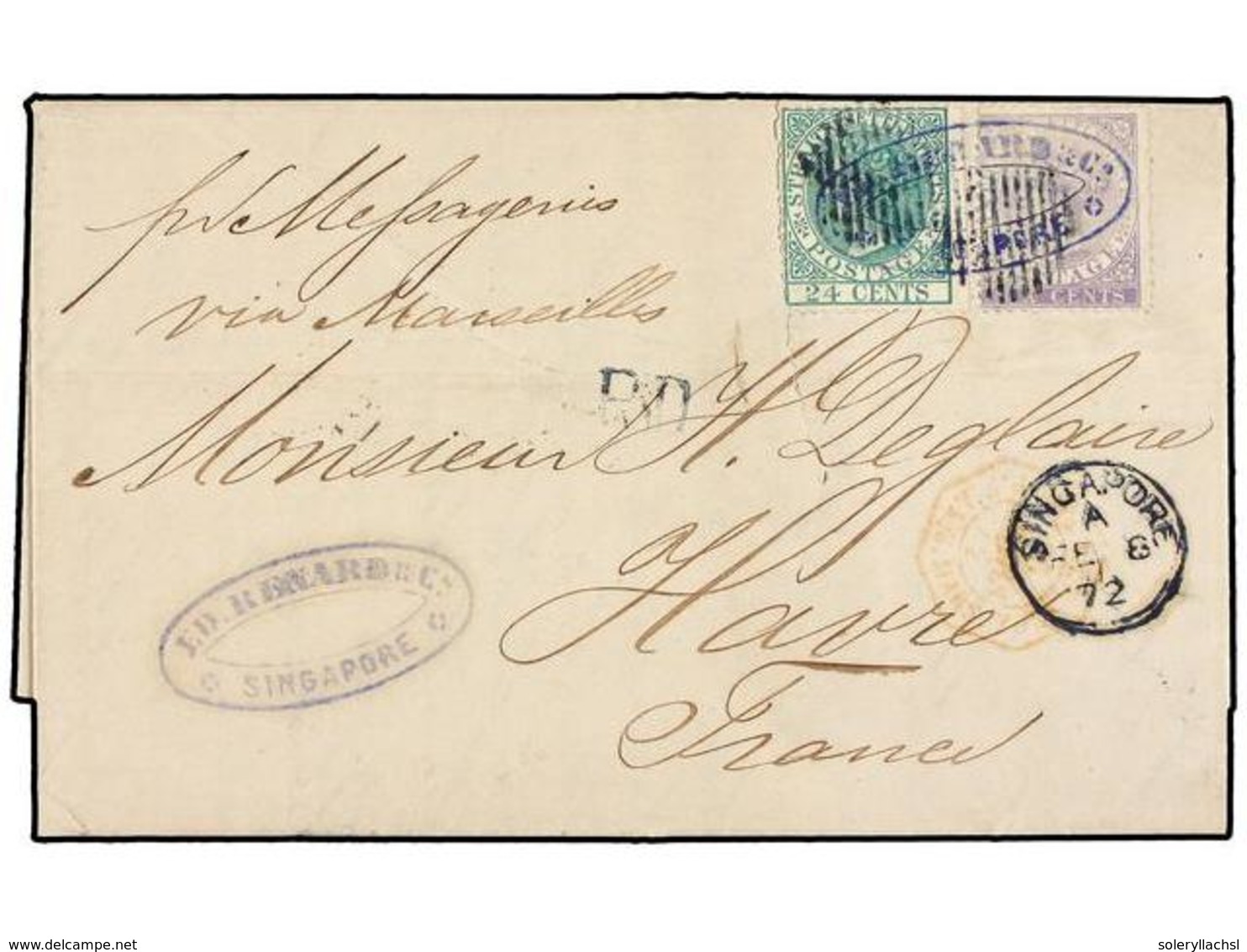 SINGAPUR. 1872. SINGAPORE To FRANCE. 6 Cts. Lilac And 24 Cts. Green Canceled With Firm's Chop And Small Circle Bars Sent - Other & Unclassified