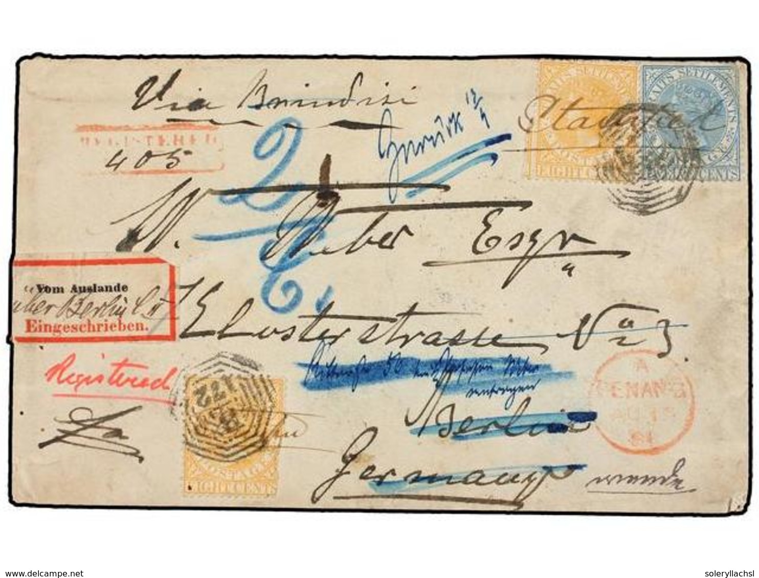 SINGAPUR. 1881. PENANG To BERLÍN (Germany). Envelope Sent Registered And Franked With 8 Cts. Yellow (two Stamps, One Wit - Autres & Non Classés