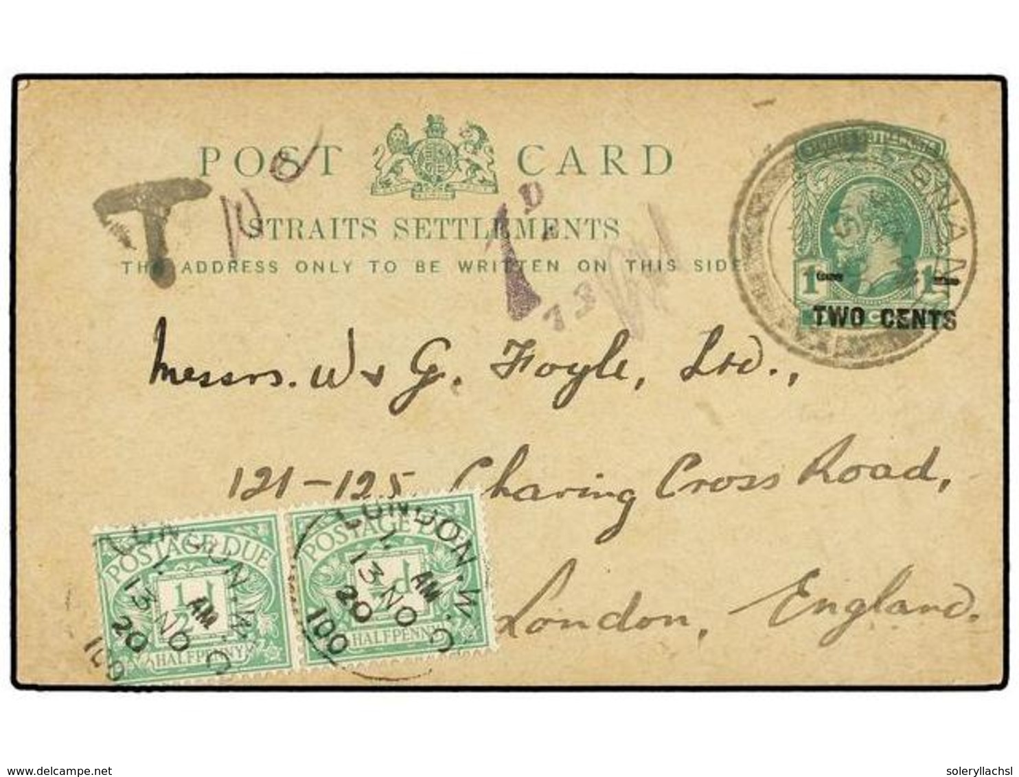 MALAYA. 1920. PENANG To LONDON. 2 Cents. On 1 Cts. Green Postal Stationary Card, Taxed On Arrival With Two British 1/2 D - Autres & Non Classés