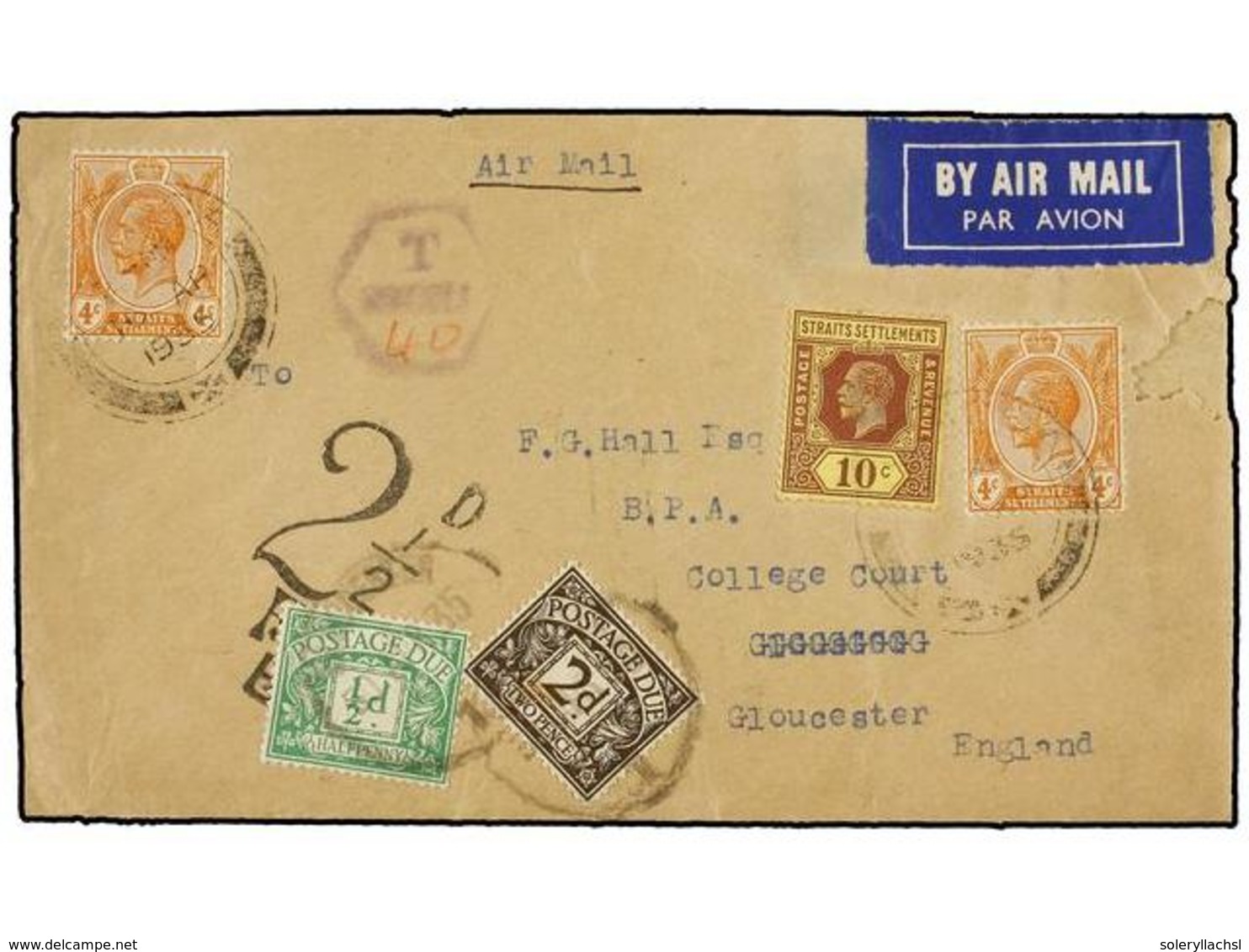 MALAYA. 1935. MALACCA To ENGLAND. AIR MAIL Envelope Franked With 4 Cts. Orange (2) And 10 Cts. Brown On Yellow Stamps, T - Otros & Sin Clasificación