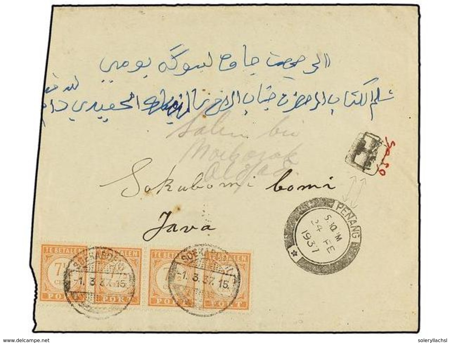 MALAYA. 1937. PENANG To JAVA (Dutch East Indies). Envelope (reduced At Left) Sent Unfranked, Taxed On Arrival With Four  - Otros & Sin Clasificación