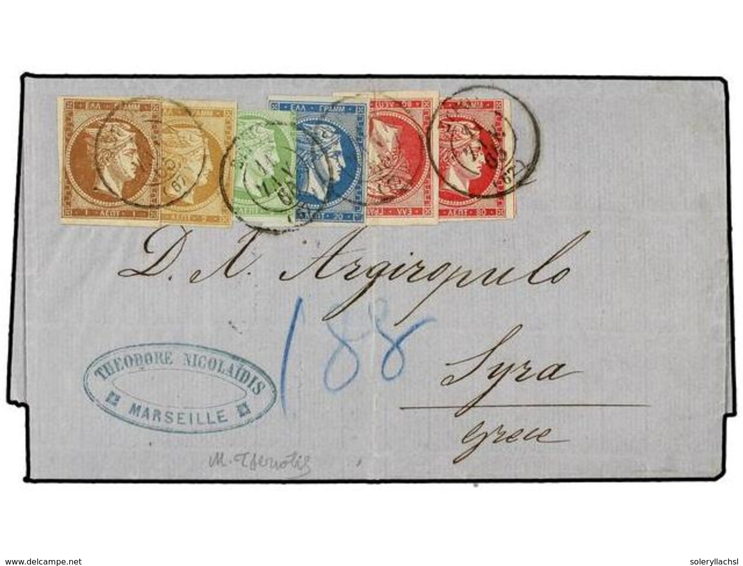 GRECIA. 1865. Entire Letter From MARSEILLE To SYROS, Sent Unpaid And Marked On Arrival '188' (lepta) To Pay, Franked By  - Otros & Sin Clasificación