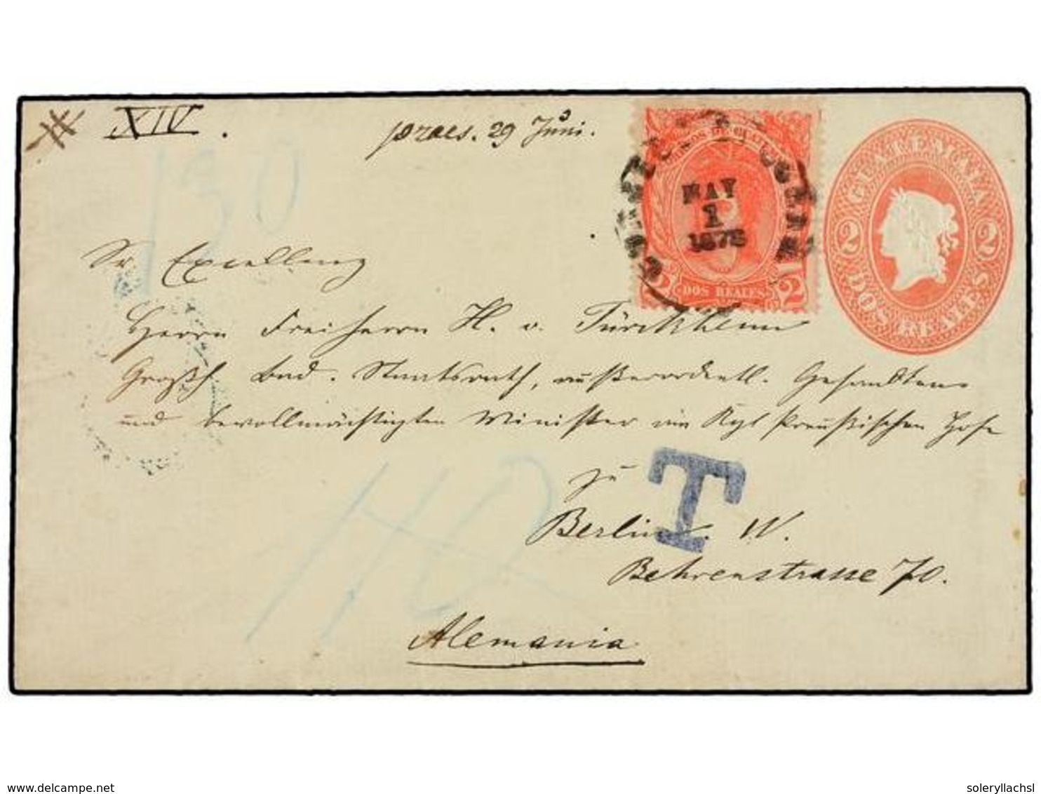 GUATEMALA. Sc.12. 1878. COBAN A ALEMANIA. Entero Postal De 2 Reales Rojo Con Franqueo Adicional De 2 Reales Rosa Para Co - Sonstige & Ohne Zuordnung