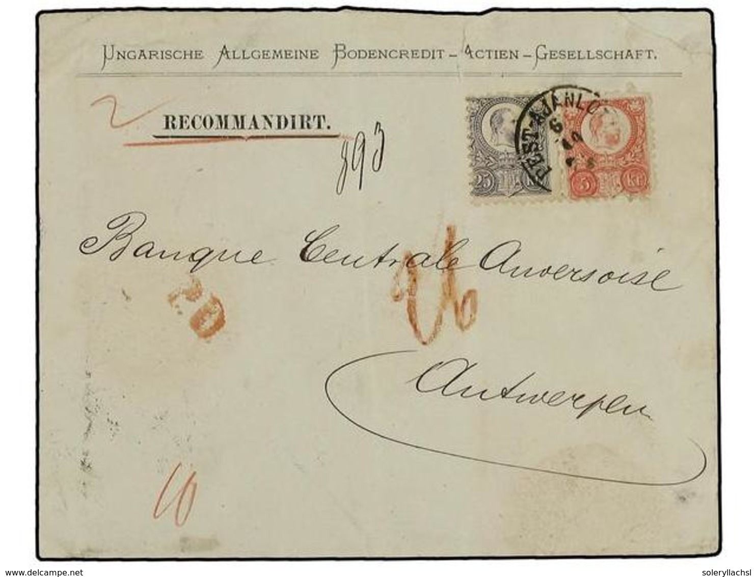 HUNGRIA. 1873 (Oct 6). Double Rate Registered Cover To ANTWERP (Belgium) Bearing 1871 Engraved 5kr. Rose-red And 25r. Sl - Autres & Non Classés
