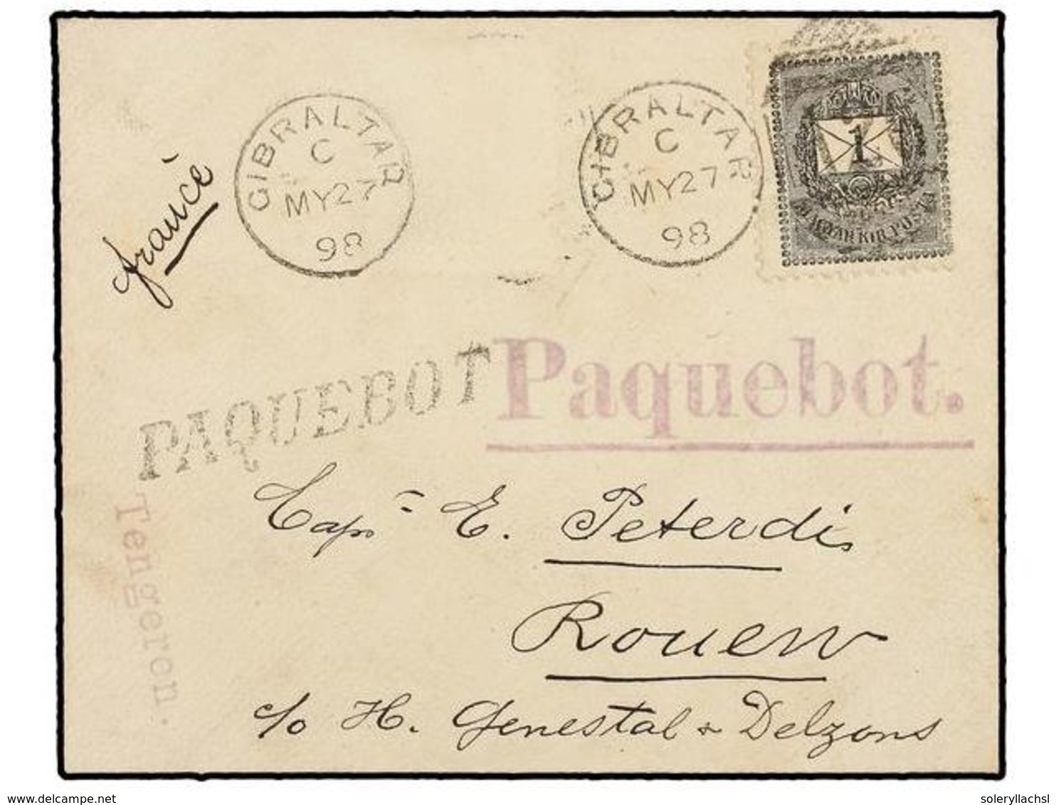 HUNGRIA. 1898. Envelope To FRANCE. 1 Fil. Black Tied By GIBRALTAR/A26 Duplex And Violet And Black PAQUEBOT Mark, Arrival - Otros & Sin Clasificación