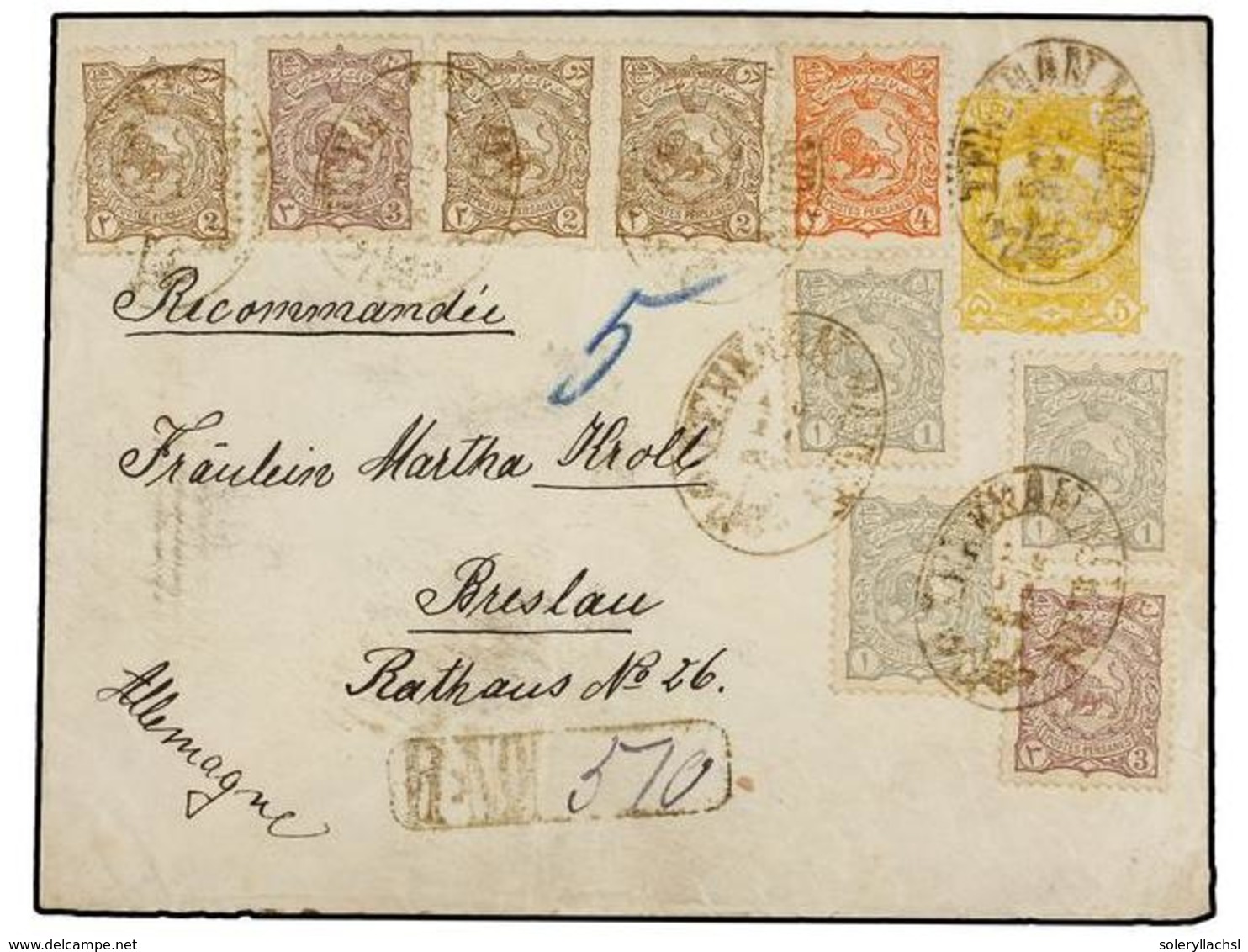 IRAN. Sc.104 (3), 105 (3), 106, 107. 1898. TEHERANMAIDAN To GERMANY. 5 Ch. Yellow Postal Stationary Envelope Uprated Wit - Other & Unclassified