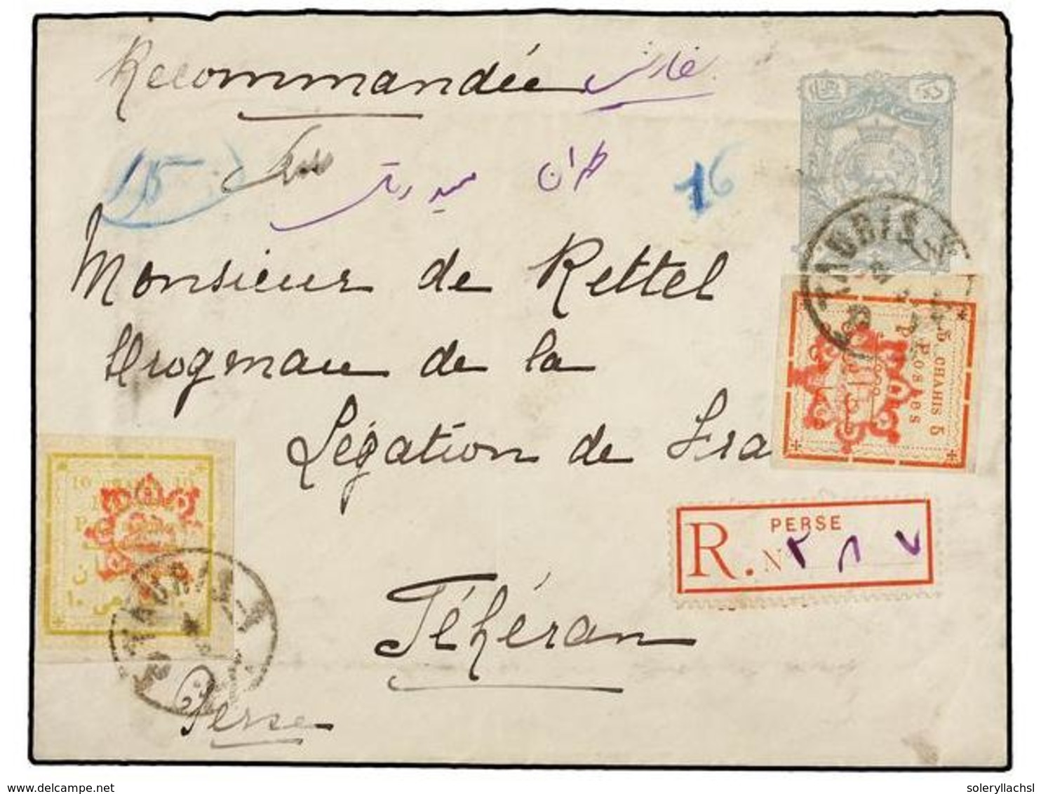 IRAN. Sc.283, 284. 1902. TAURIS To TEHERAN. 10 Ch. Grey Postal Stationary Envelope Uprated With Provisional 5 Ch. And 10 - Autres & Non Classés