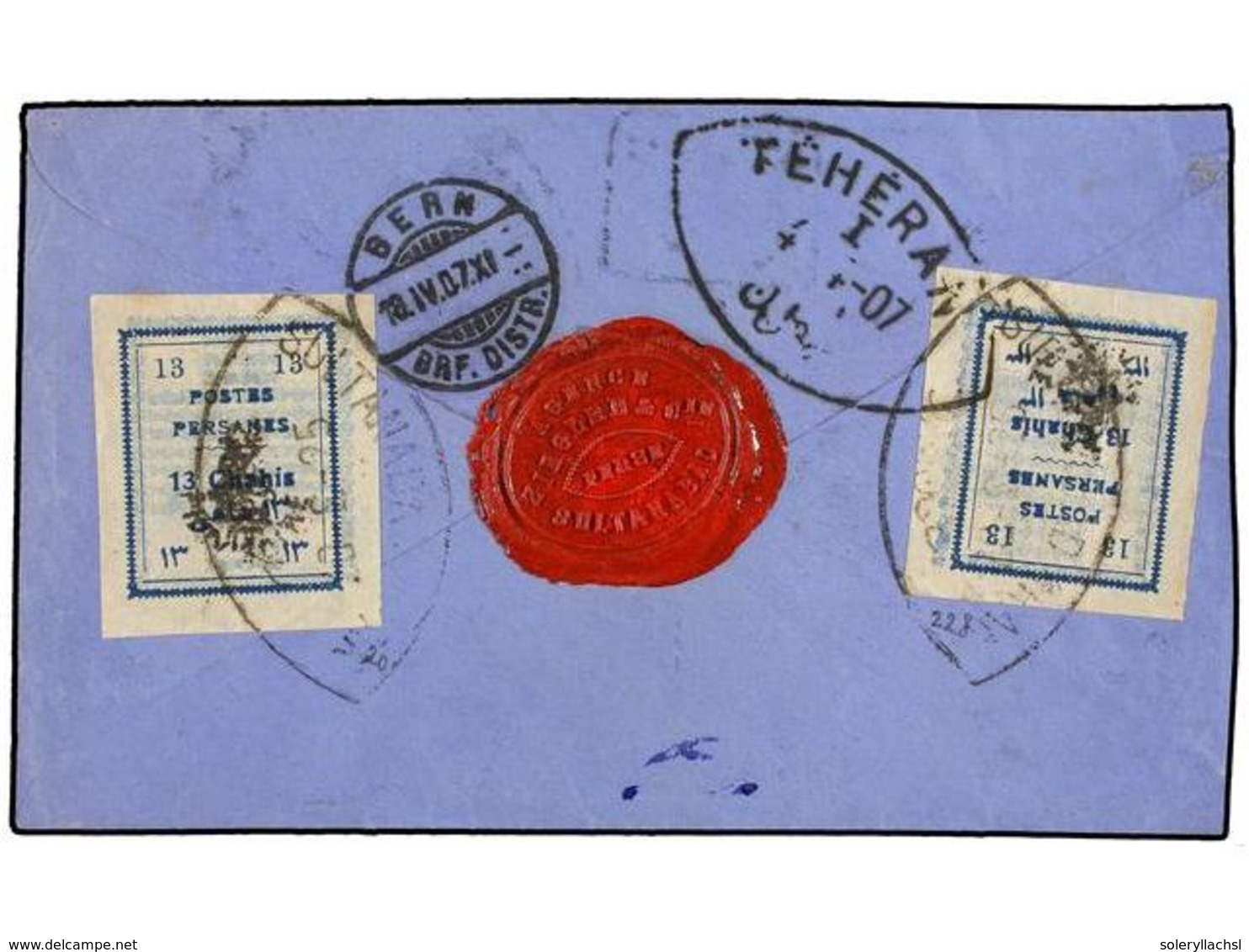 IRAN. Sc.427. 1907. SULTANABAD To TEHERAN. 13 Ch. Blue (2) Provisional Stamps. Very Fine Registered Cover. - Other & Unclassified