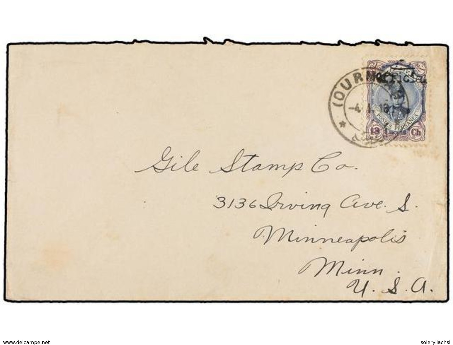 IRAN. Sc.507. 1913. OURMIAH To U.S.A. 13 Ch. Violet And Blue OFFICIEL Ovpr. Arrival On Reverse. RARE. - Sonstige & Ohne Zuordnung