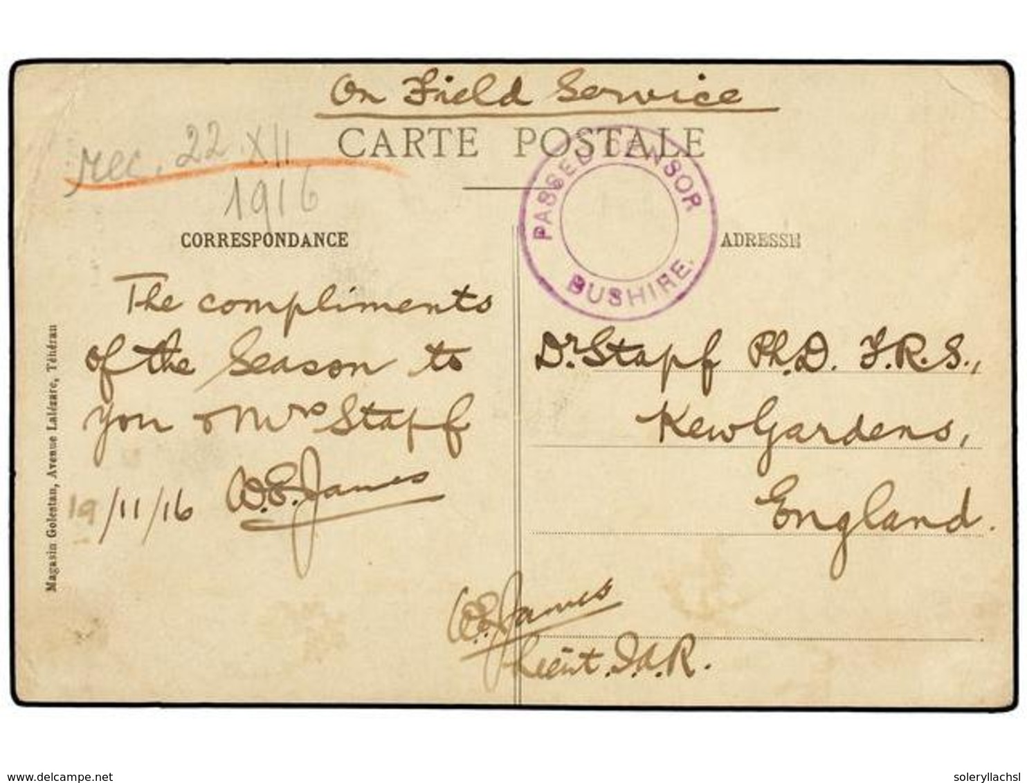 IRAN. 1916 (19-11). English Liutenant (W.E. James) Card Sent To England 'On Field Service'  With BRITISH/INDIAN Mark PAS - Autres & Non Classés