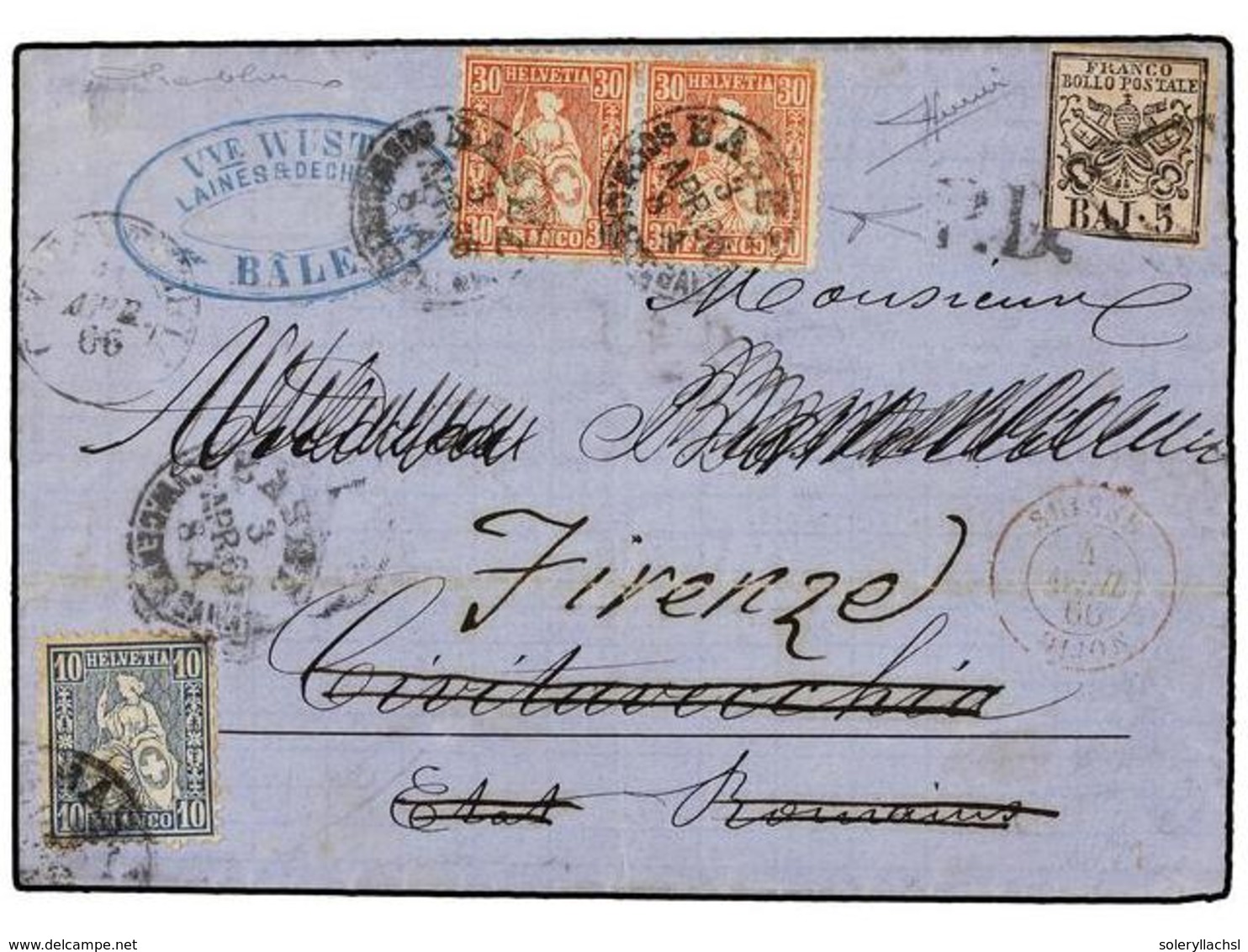 ITALIA ANTIGUOS ESTADOS: ESTADOS PONTIFICIOS. 1862. BASEL (Suiza) A CIVITAVECHIA. 10 Cts. Azul Y 30 Cts. Rojo (2) Reexpe - Otros & Sin Clasificación