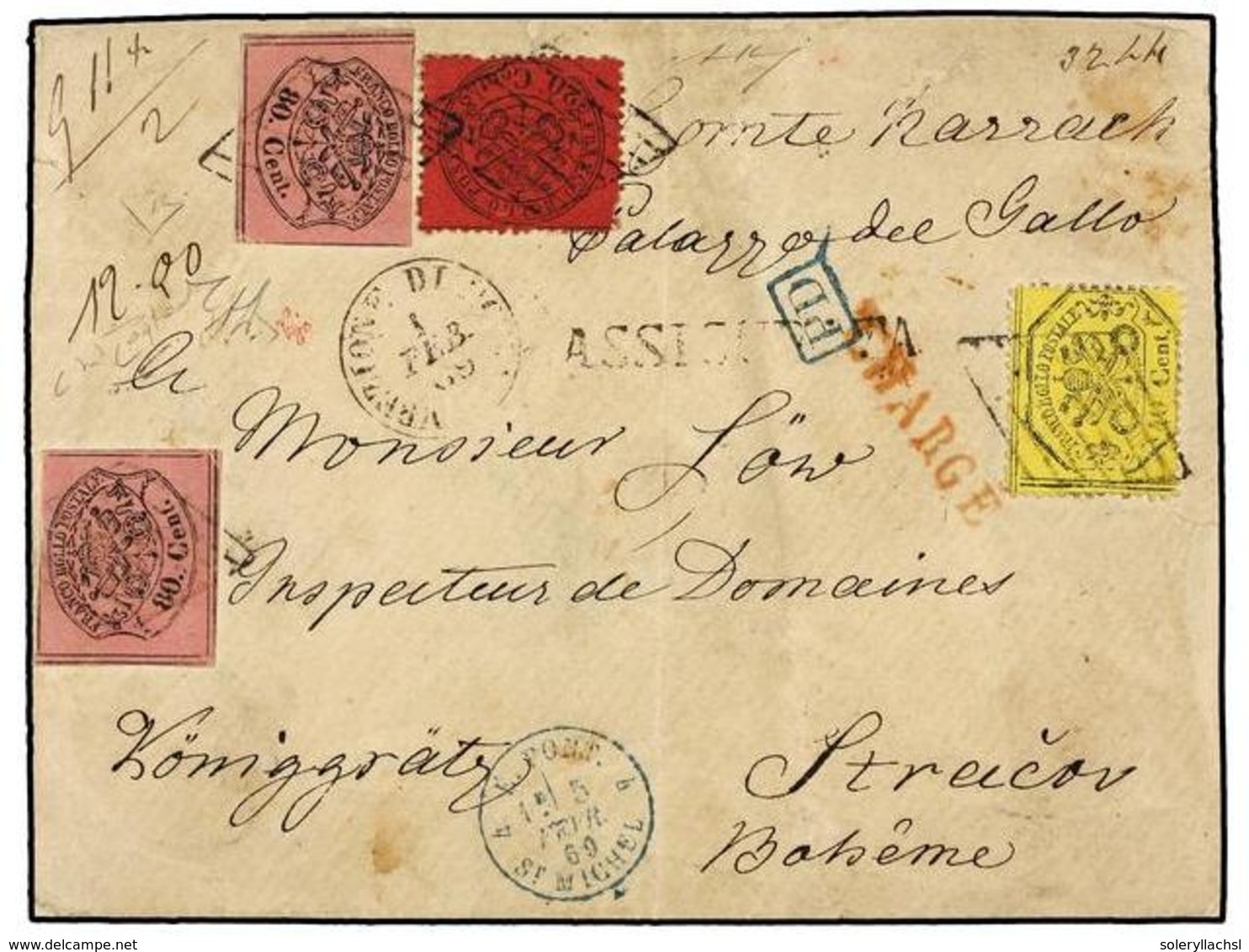 ITALIA ANTIGUOS ESTADOS: ESTADOS PONTIFICIOS. 1869. ROMA A KONIGGRATZ (Alemania). 20 Cent. Rojo, 40 Cts. Amarillo Y 80 C - Autres & Non Classés