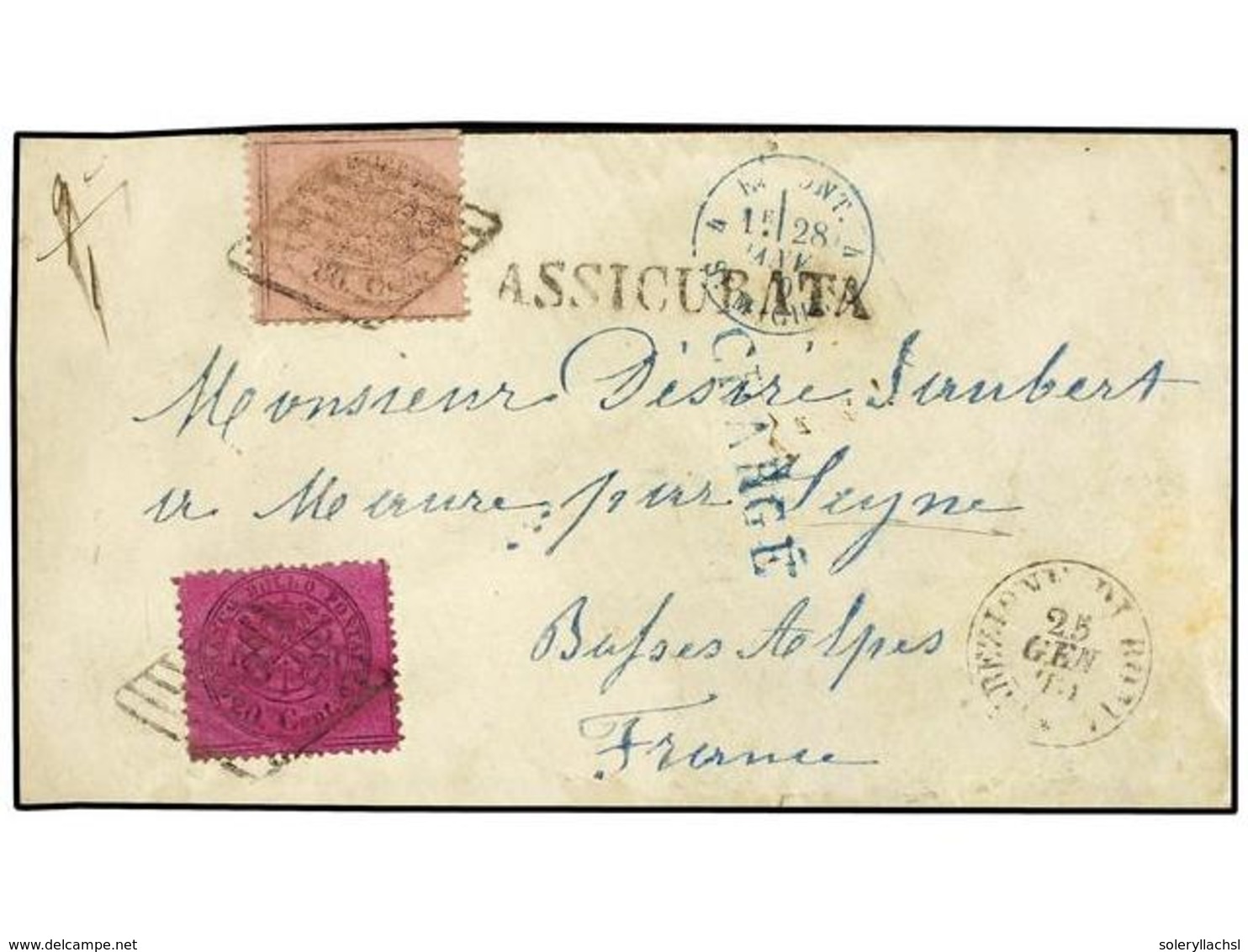 ITALIA ANTIGUOS ESTADOS: ESTADOS PONTIFICIOS. Sa.28, 30. 1870. ROMA A FRANCIA. 20 Cent. Violeta Y 80 Cts. Rosa, Marca AS - Sonstige & Ohne Zuordnung