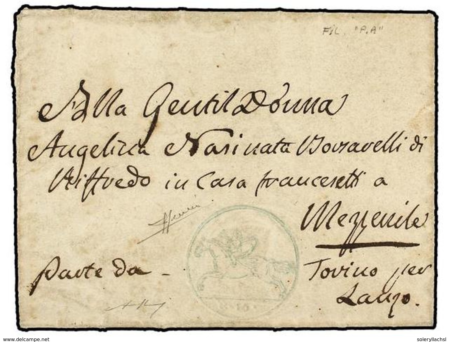 ITALIA ANTIGUOS ESTADOS: CERDEÑA. 1819 (1 Enero). TORINO A MEZZENILE. Carta Completa Con 'Cavallini'  De 15 Cts. Estampa - Autres & Non Classés
