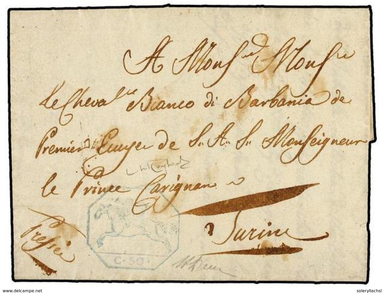 ITALIA ANTIGUOS ESTADOS: CERDEÑA. 1819 (16 Febrero). GÉNOVA A TORINO. Carta Completa Con 'Cavallini'  De 50 Cts. Estampa - Otros & Sin Clasificación