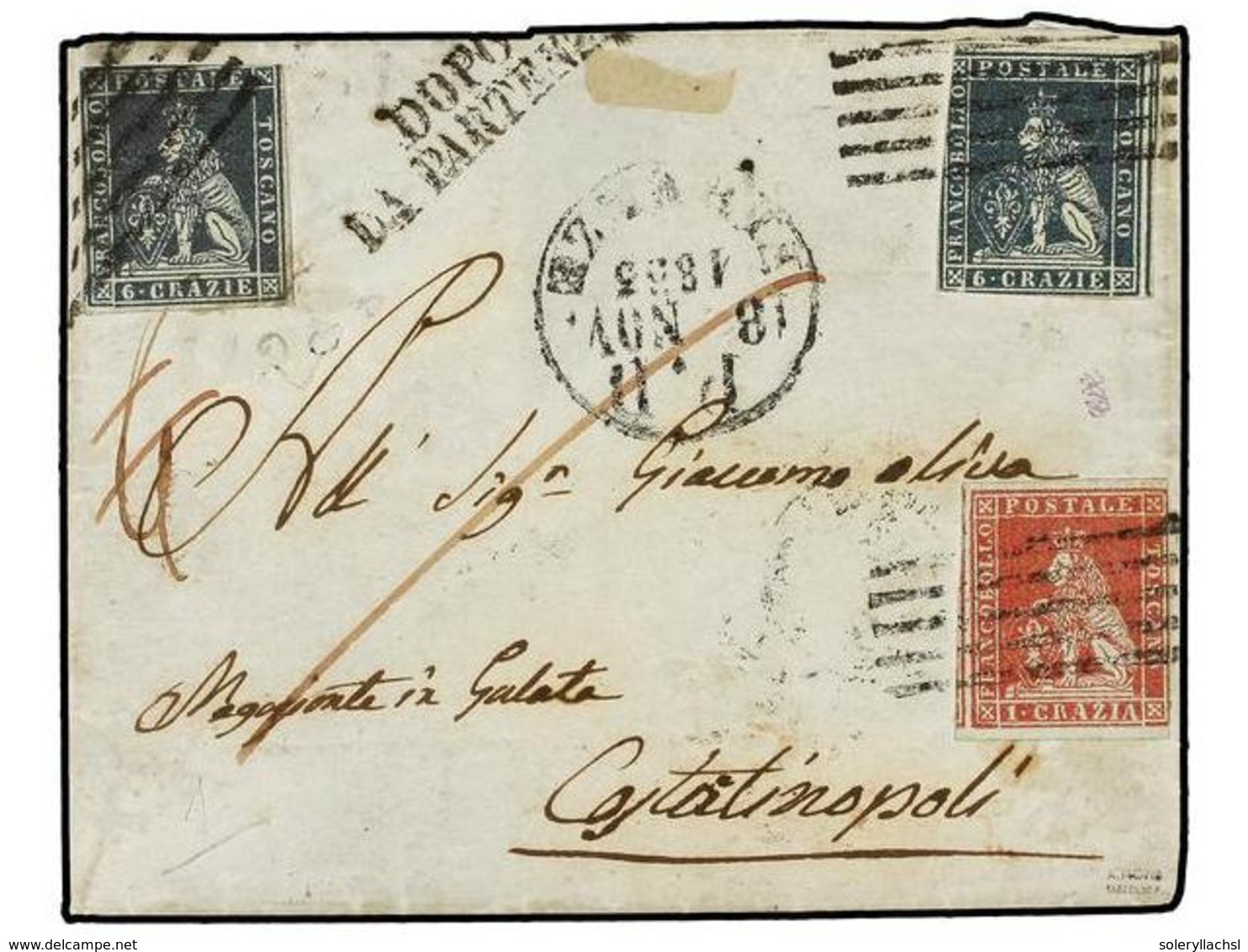 ITALIA ANTIGUOS ESTADOS: TOSCANA. 1853. Cover To CONSTANTINOPLE Franked By 1851-53 1cr. Red On Blued And 6cr. Deep Blue  - Sonstige & Ohne Zuordnung