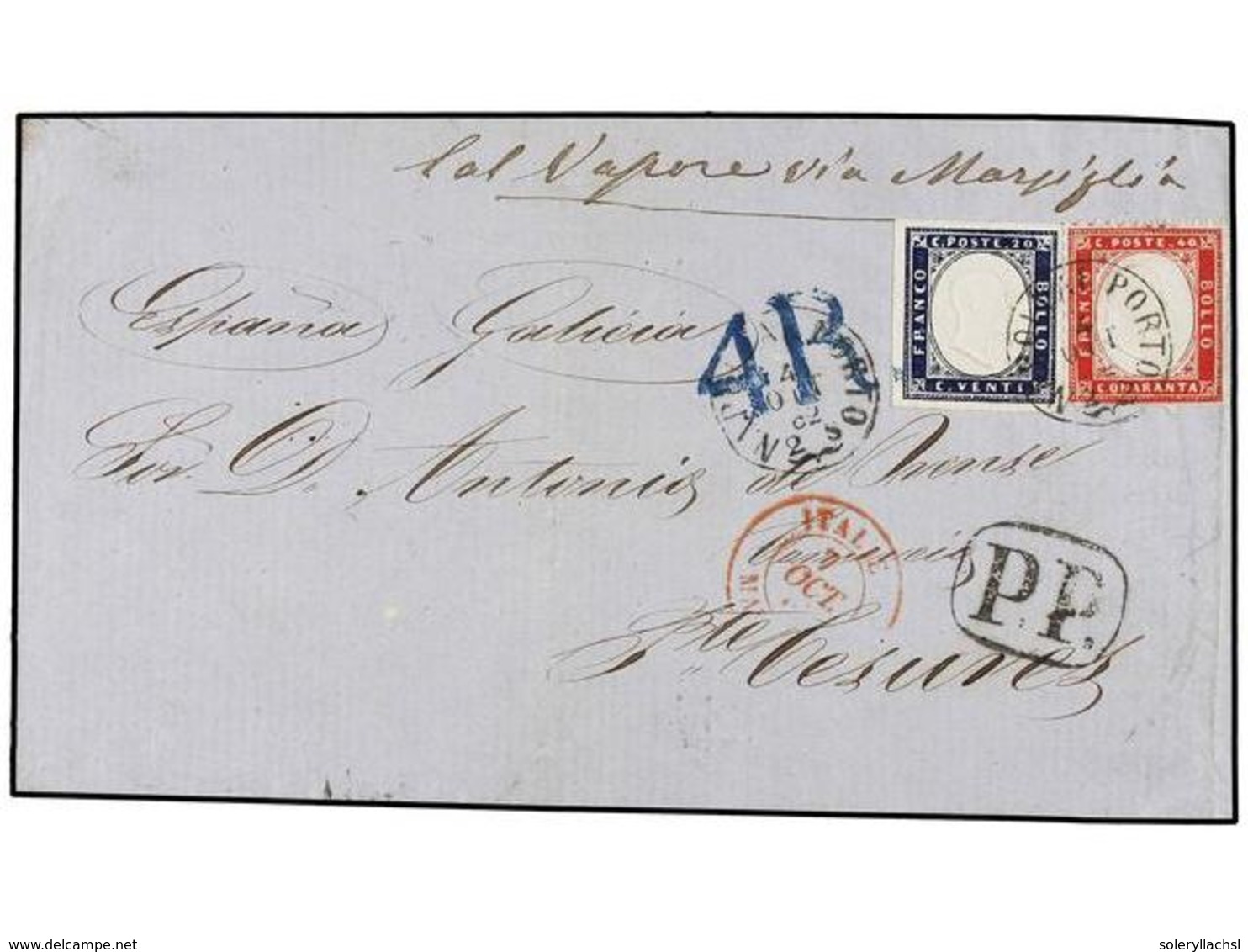 ITALIA. 1862. NAPOLI A PUENTE CESURES (Galicia, España). FRONTAL Circulado Con Sello De Cerdeña De 20 Cts. Azul Y De Ita - Otros & Sin Clasificación