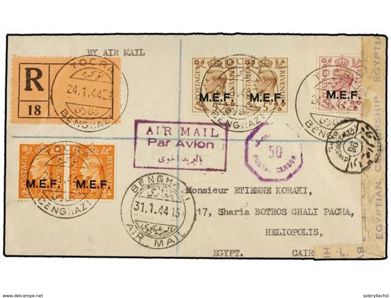 CIRENAICA. Sa.7 (2), 10 (2), 11. 1944 (31-I). TOCRA A EL CAIRO. 2 D. (2), 5 D. (2) Y 6 D. Mat. TOCRA/BENGHAZI Circulada  - Otros & Sin Clasificación