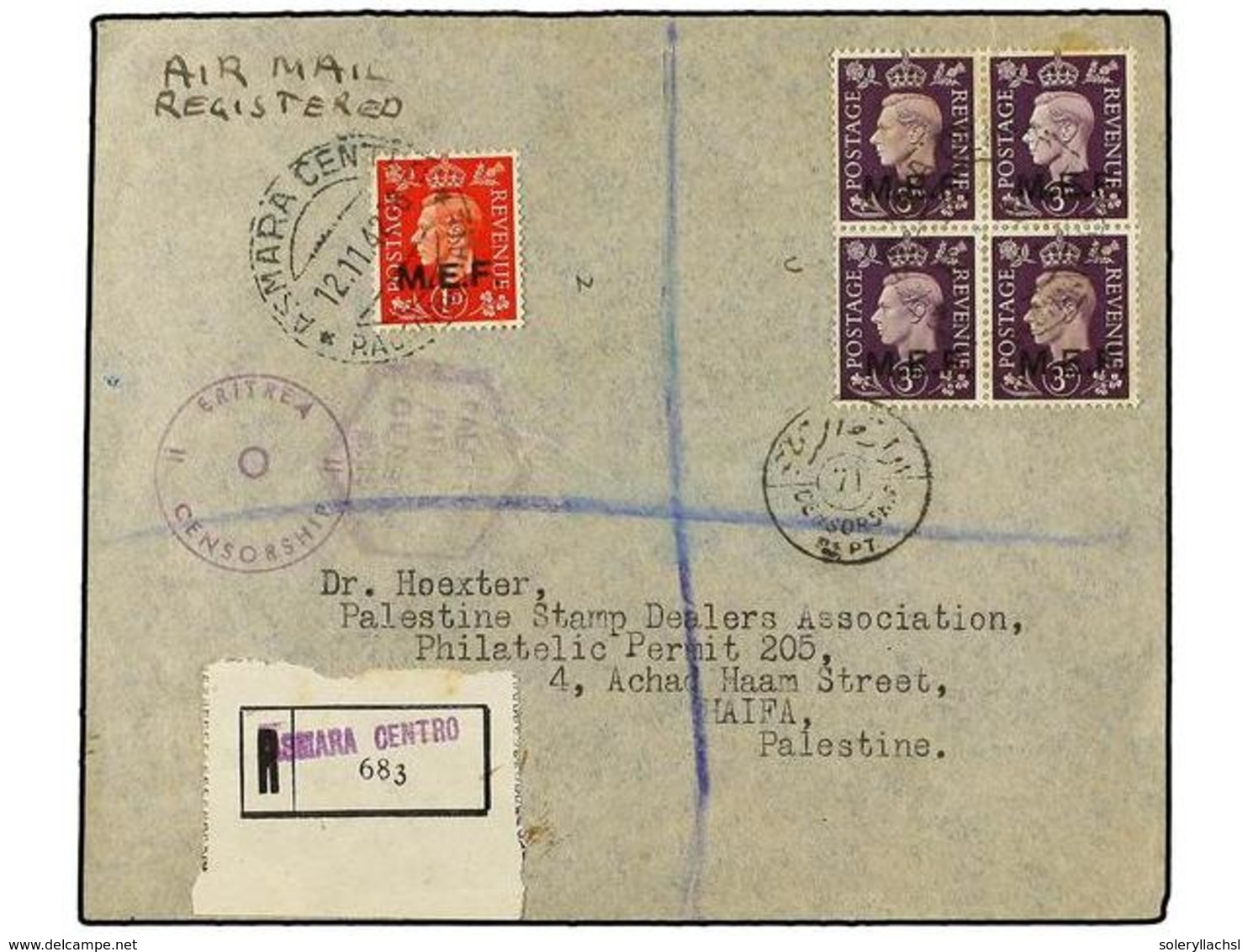 ERITREA. Sa.1I, 4 (4). 1942 (12-11). ASMARA A AIFA (Palestina). 1 D. Rojo (tiraje De Nairobi) Y 3 D. Lila, Bloque De Cua - Other & Unclassified