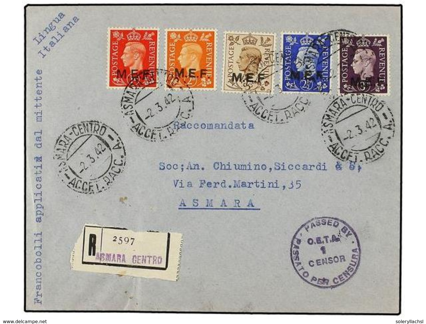 ERITREA. Sa.1/5I. 1942 (2-3). ASMARA Correo Interior. Serie Completa (tirada De Nairobi, Tipos I) Al Dorso Llegada (Sass - Otros & Sin Clasificación