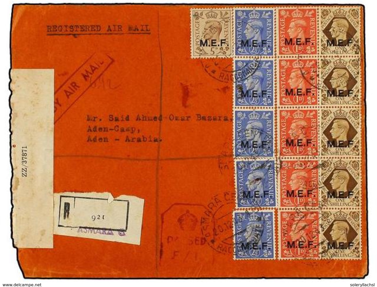 ERITREA. Sa.6 (5), 8 (5), 10, 13 (5). 1943 (20-XII). ASMARA A ADEN (Arabia). 1 D. Rojo (5), 2 1/2 D. Azul (5), 5 D. Cast - Autres & Non Classés
