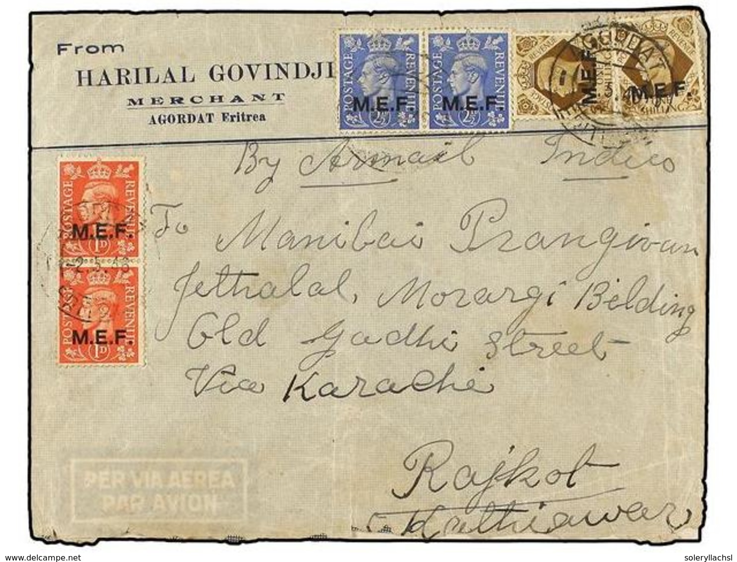 ERITREA. Sa.6 (2), 8 (2), 13 (2). 1946 (2-V). AGORDAT A INDIA. 1 D. Rojo (2), 2 1/2 D. Azul (2) Y 1 Sh. Castaño (2), Al  - Other & Unclassified