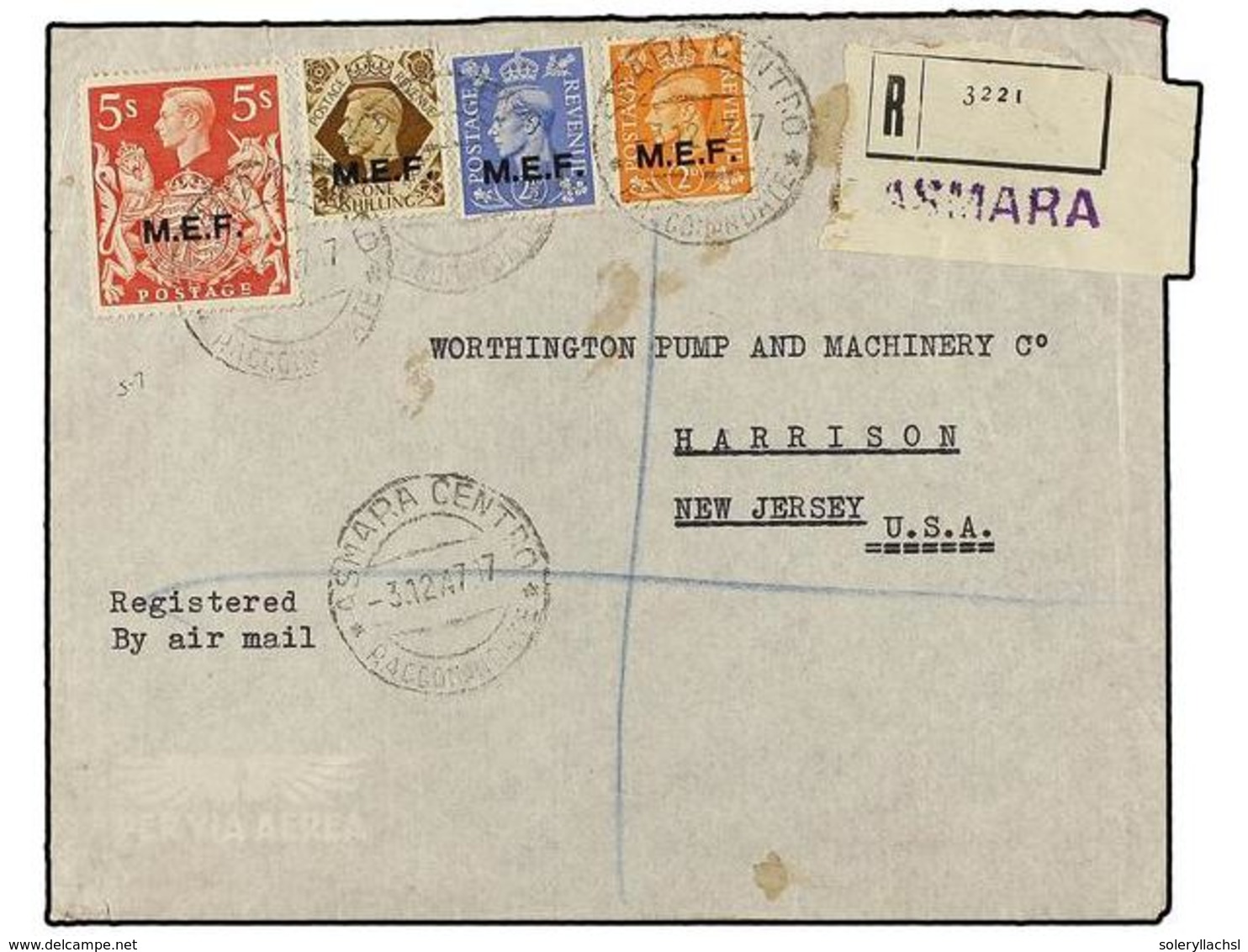 ERITREA. Sc.8, 9, 13, 15. 1947 (3-XII). ASMARA A USA. 2 D. Naranja, 2 1/2 D. Azul, 1 Sh. Castaño Y 5 Sh. Rojo, Mat. ASMA - Otros & Sin Clasificación